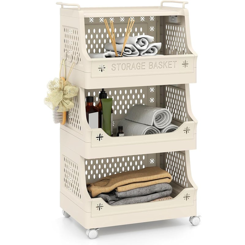 Wózek do Przechowywania z Szerokimi Regałami, 2 Uchwytami, Zamknięciem na Zatrzask, Mobilny Pojemnik do Kuchni, Łazienki, Salonu (3 Poziomy)