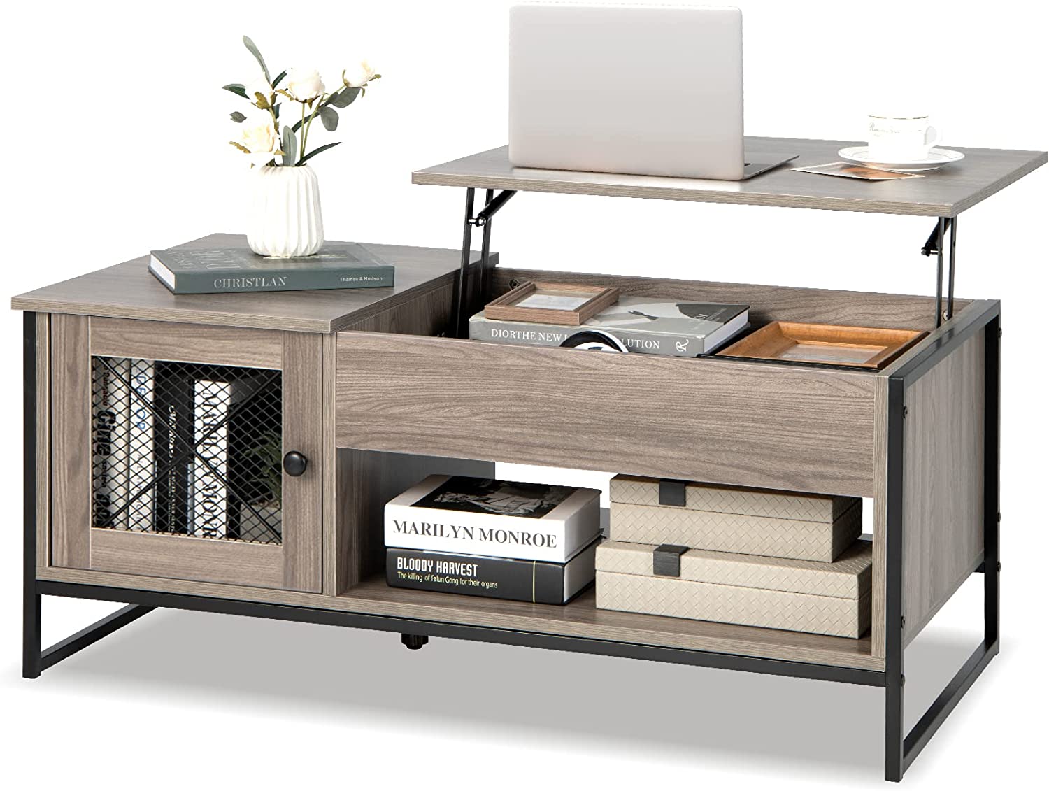 Stolik kawowy z regulacją wysokości, 2 poziomy, stolik pomocniczy z ukrytym schowkiem i drzwiami, stolik kawowy do salonu i biura, styl vintage