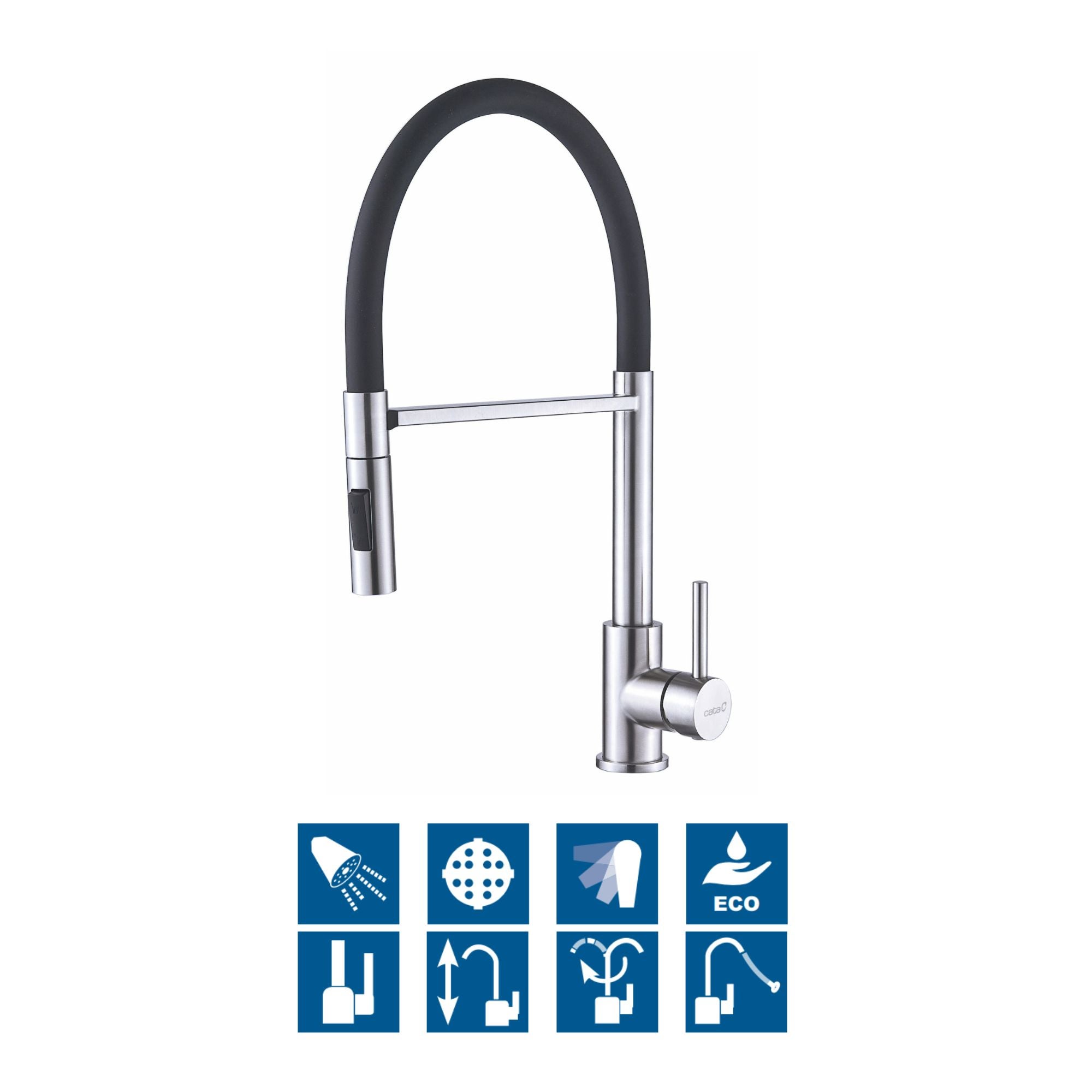Cata  Grifo Monomando Cocina Npb Caño Alto Extraíble 360º Aireador Anticalcáreo Caudal 5L/Min Función Ducha Acero Inoxidable Cartucho Color Gris Acero Inoxidable, Leroy Merlin
