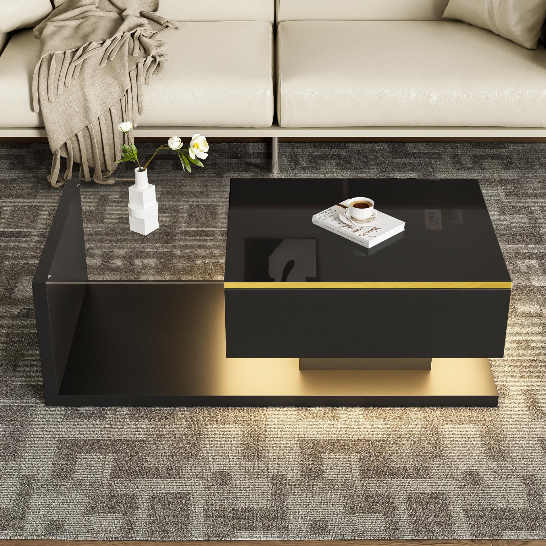 Table Basse Design Moderne Avec Effet Lévitation Et LED – Plateau Verre Trempé, Hauteur Réglable, Rangements – Idéale Salon Et Séjour