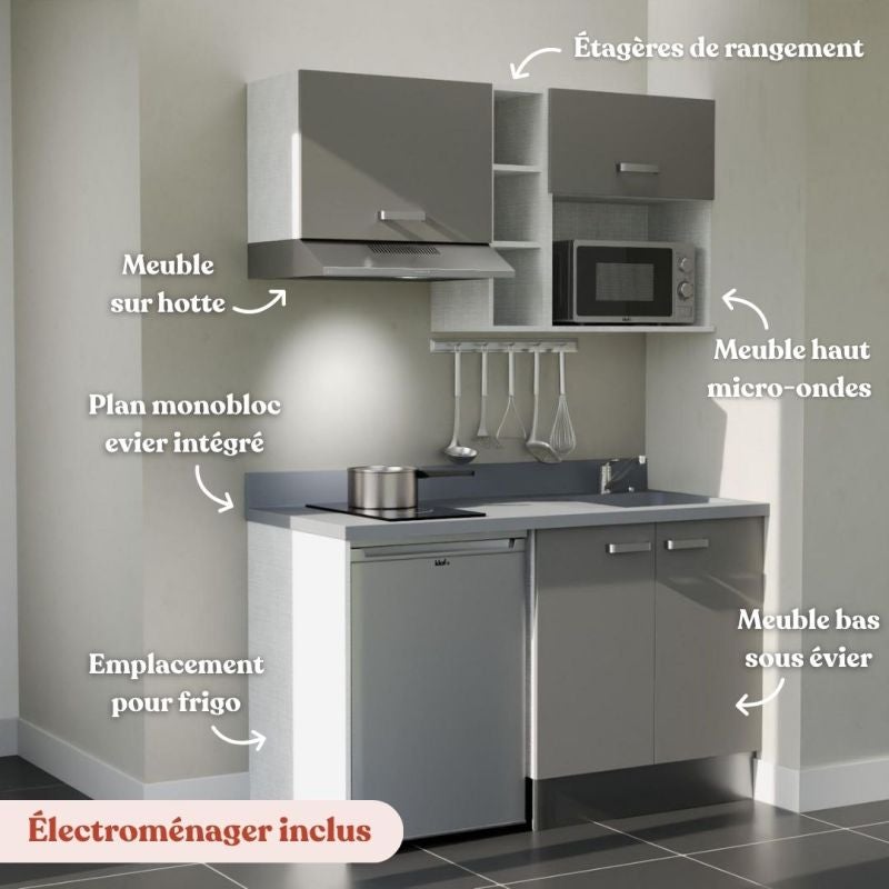 Kitchenette 140 cm modèle K13 - façades Gris - plan monobloc évier à droite Cromo - électroménager Inox inclus - 3