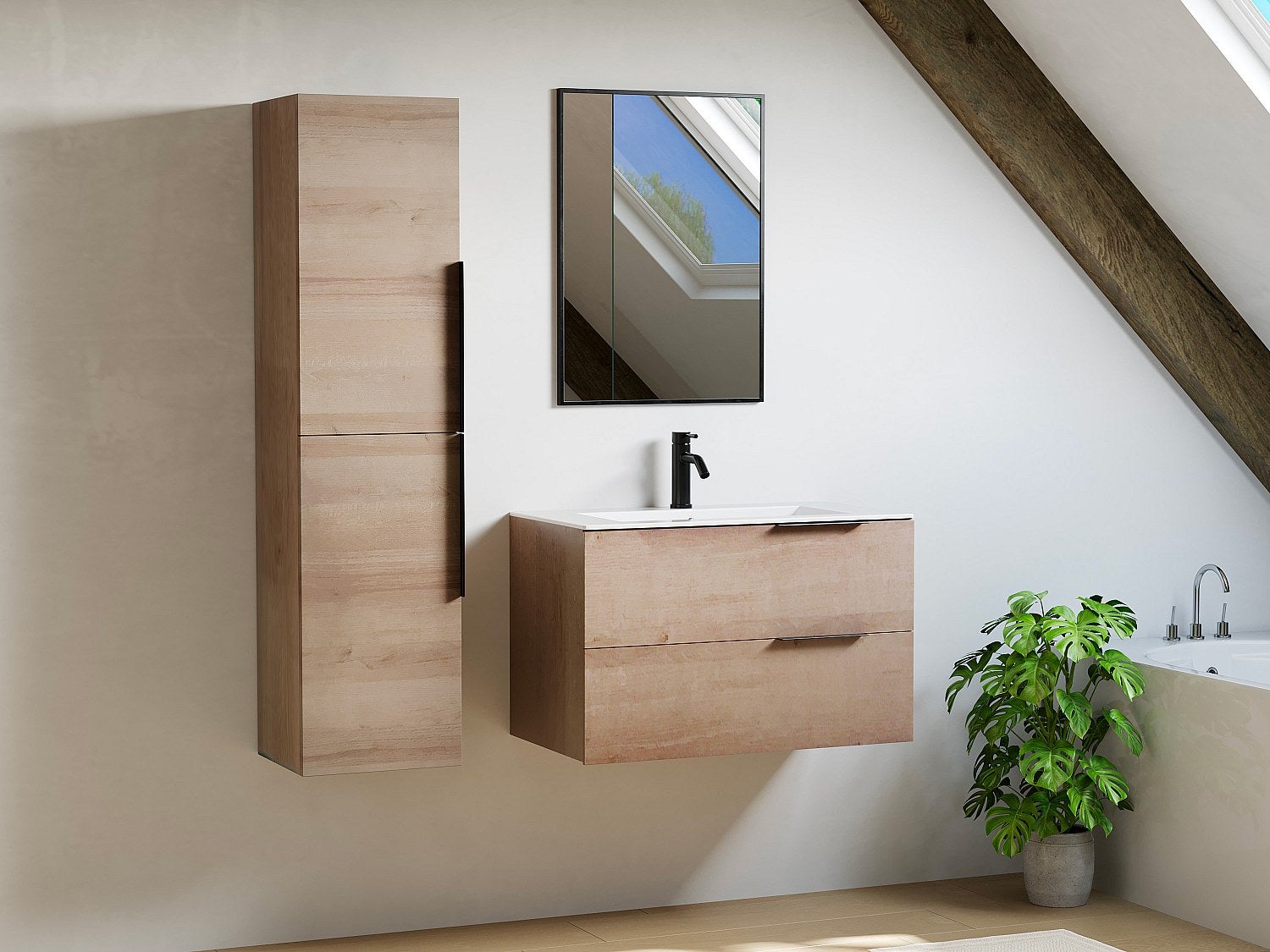 Szafka łazienkowa wisząca z umywalką do zabudowy i kolumną - Jasny naturalny - 80 cm - NISAYA
