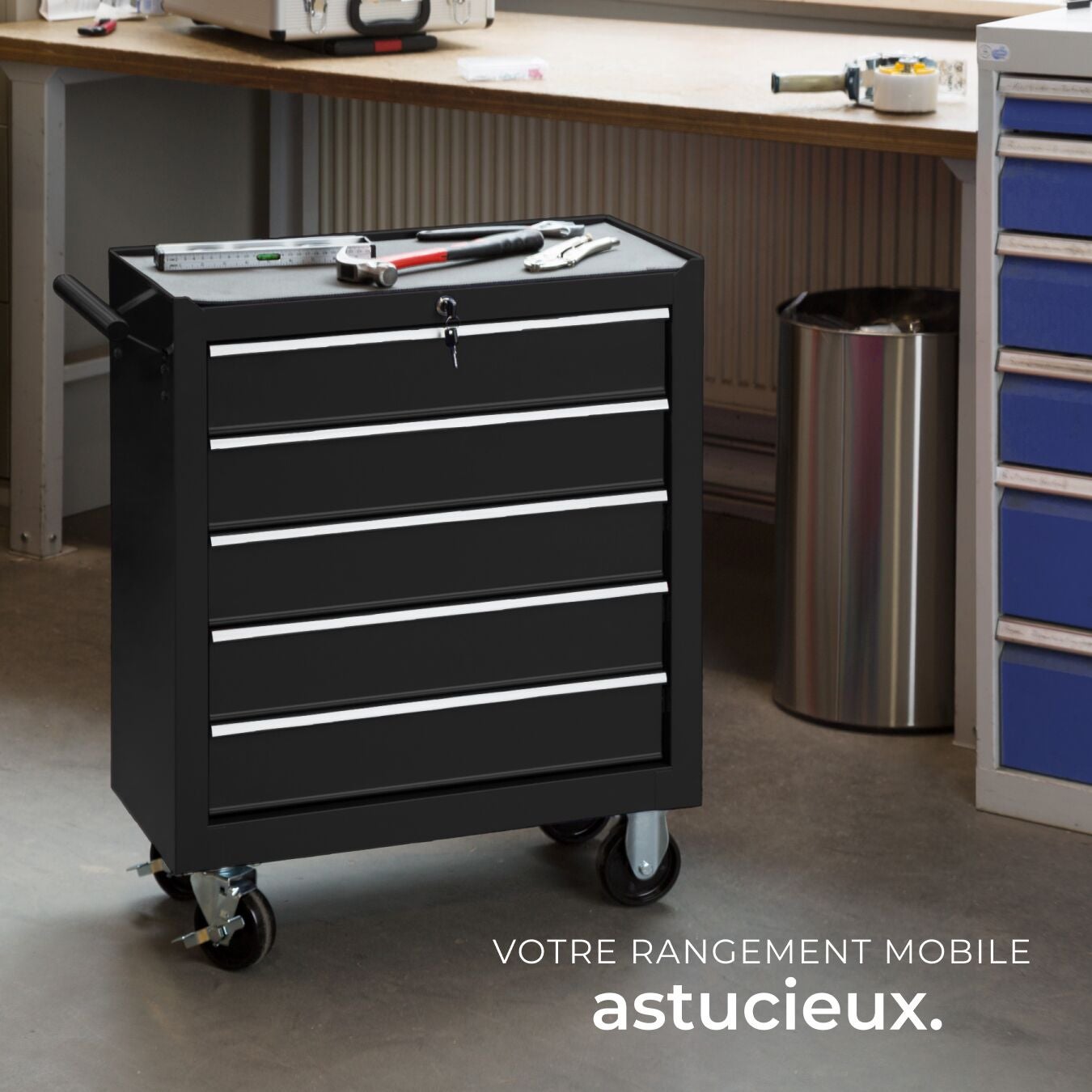 Servante d'atelier en acier avec 5 tiroirs et serrure de verrouillage de sécurité centrale TECTAKE - 7