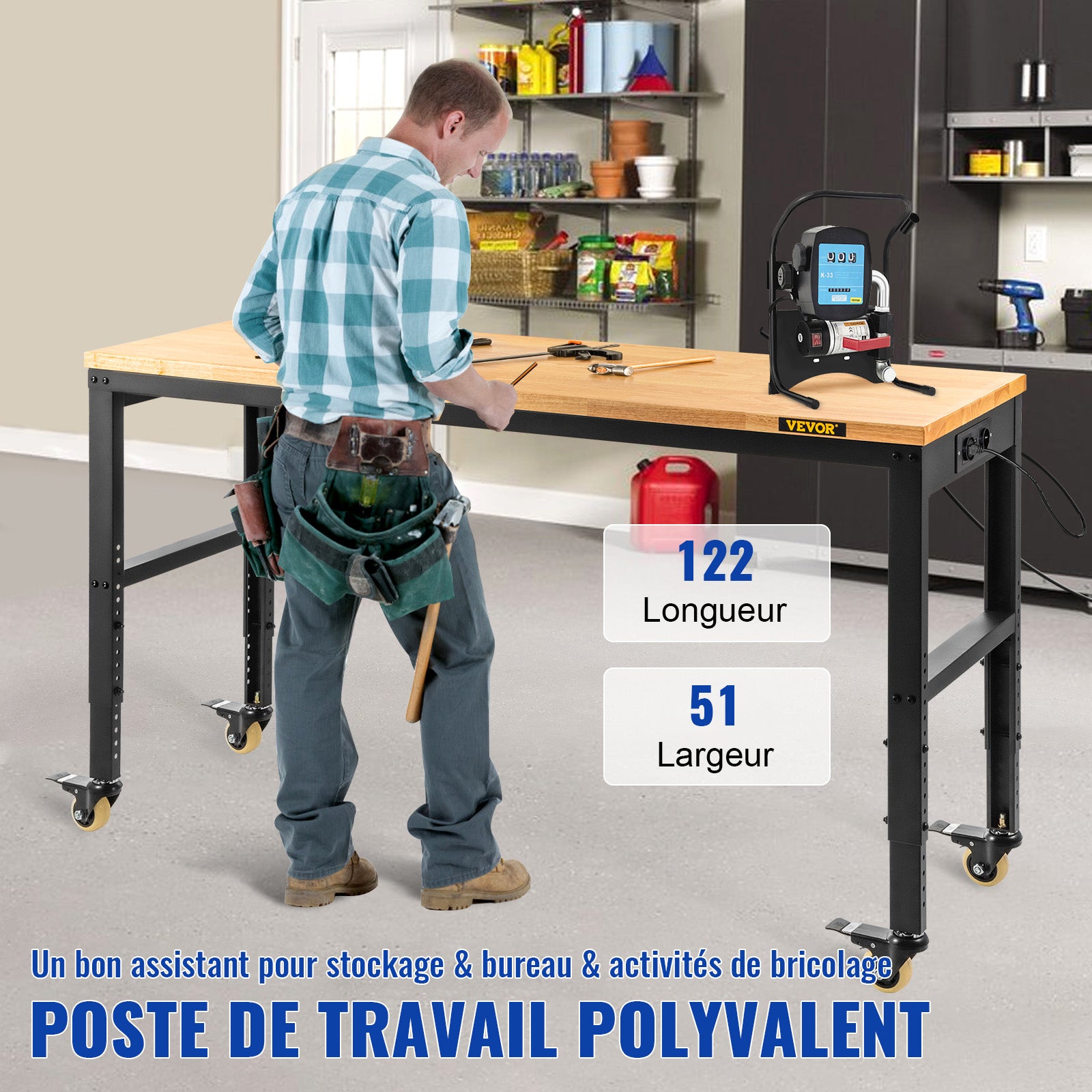 Banco de trabalho 122x51 cm,SucceBuy Altura ajustável,Banco prático com rodízios e tomada de corrente - 6