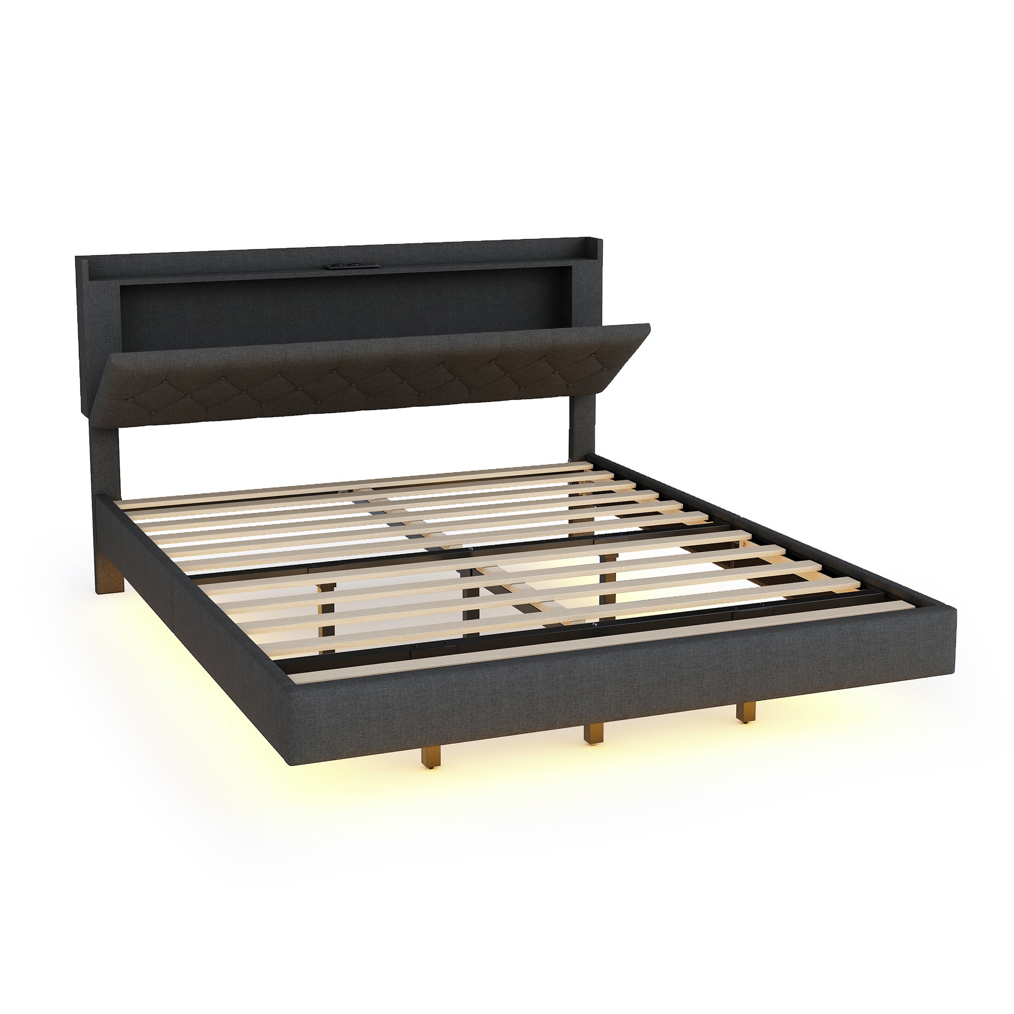 Cama acolchada de lino 160x200 cm - con puerto de carga USB y LED - con somier - Gris - 5