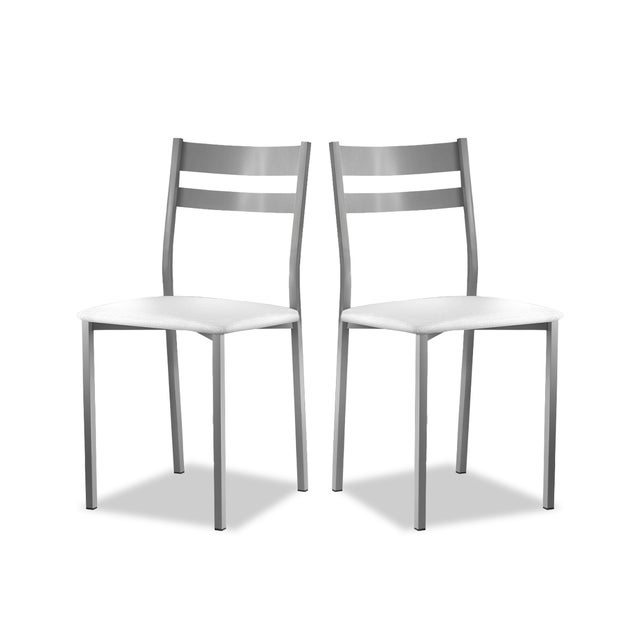 2 Sillas de Cocina Metálica con Respaldo y Franjas Horizontales - Estructura color aluminio - Asiento en Polipiel blanco
