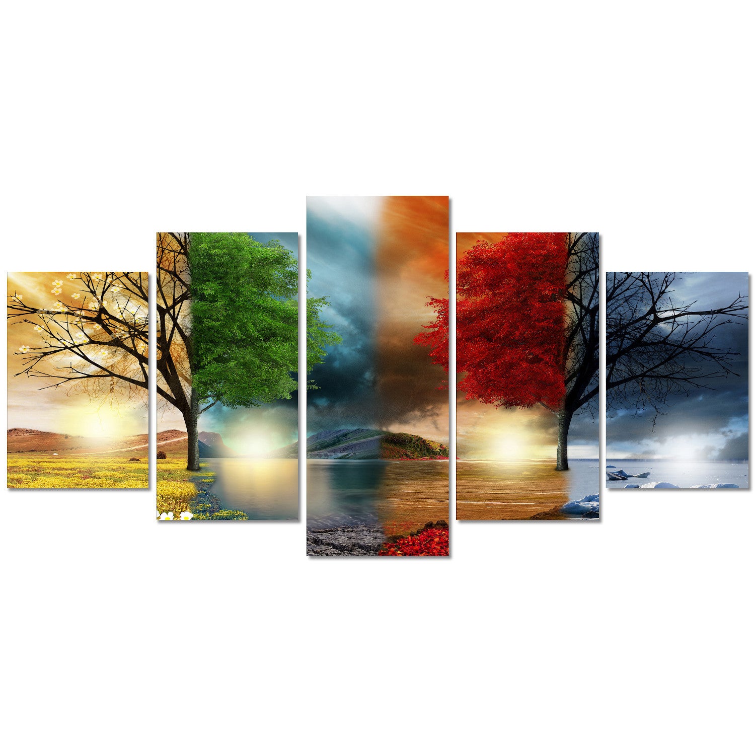 DekoArte - Impression Sur Toile Moderne | Décoration Salon Chambre | Paysage Quatre Saisons Arbres Rouges | 200x100cm - 2