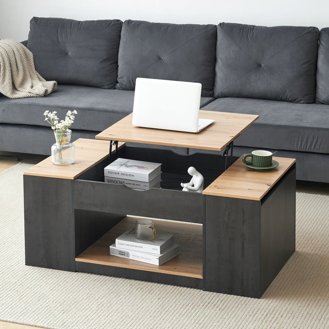 Table basse relevable en MDF - avec espace de rangement sous la table - gris