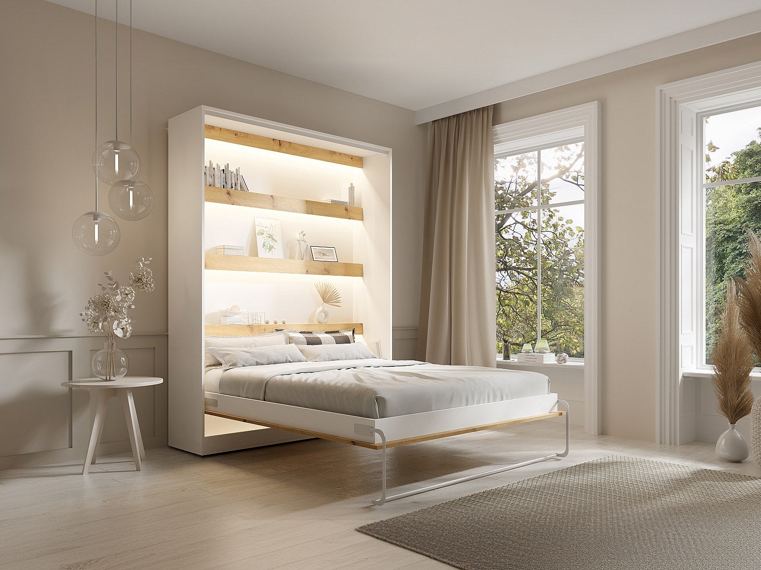 Łóżko chowane w szafie 160 × 200 cm – Otwieranie pionowe manualne – Oświetlenie LED – Białe i naturalne – RAPILI