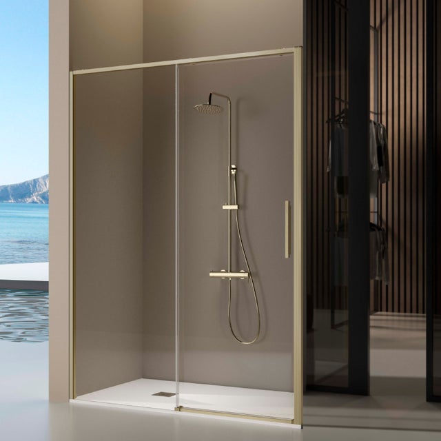 Mampara frontal Serie DELTA - Oro cepillado - 138-140.6 cm - Cierre amortiguado - Reversible - Tratamiento antical