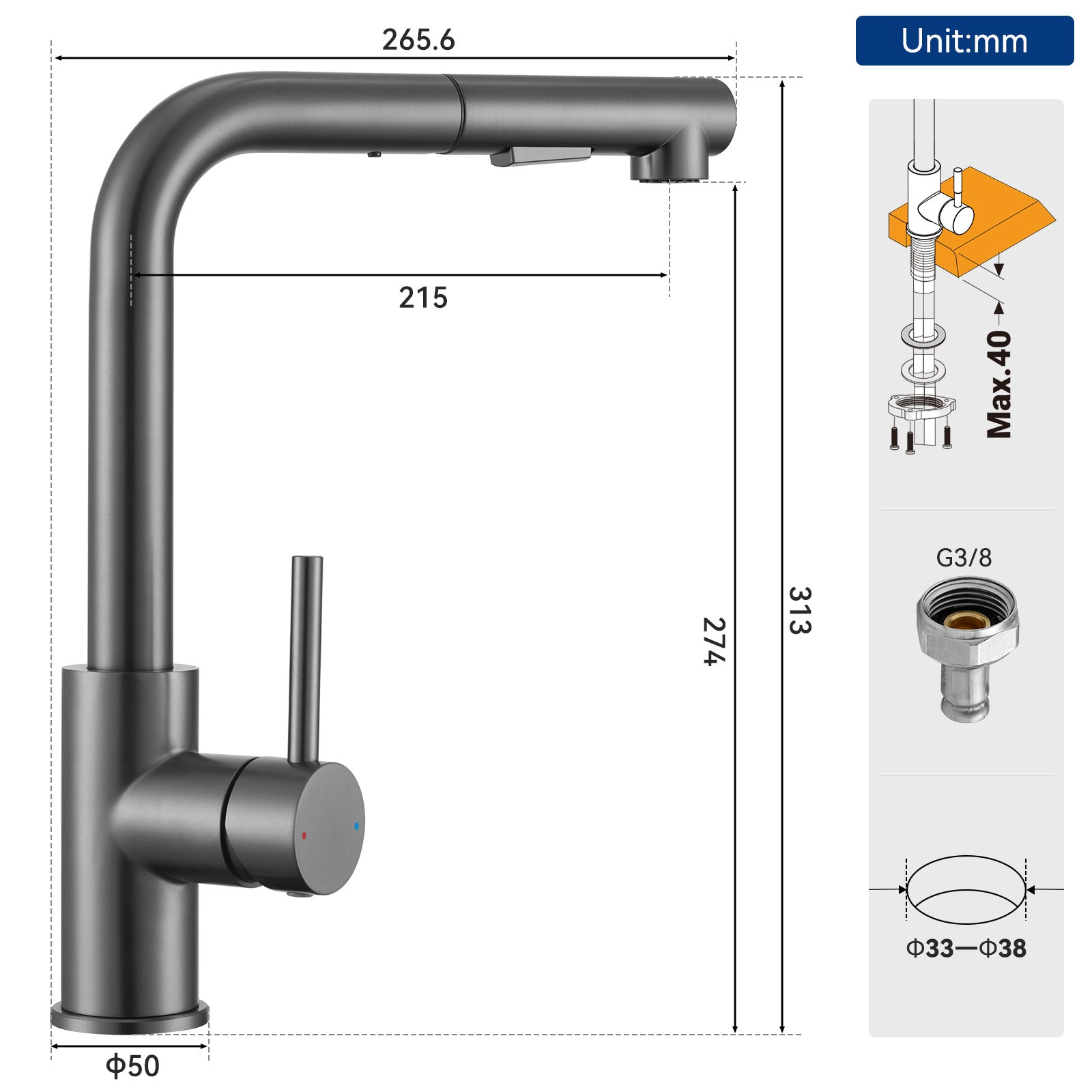 Cecipa max Gris anthracite Mitigeur Cuisine avec Douchette Extractible Robinet Cuisine avec 2 Jets aux Choix Mitigeur Evier Haute Qualité - 4