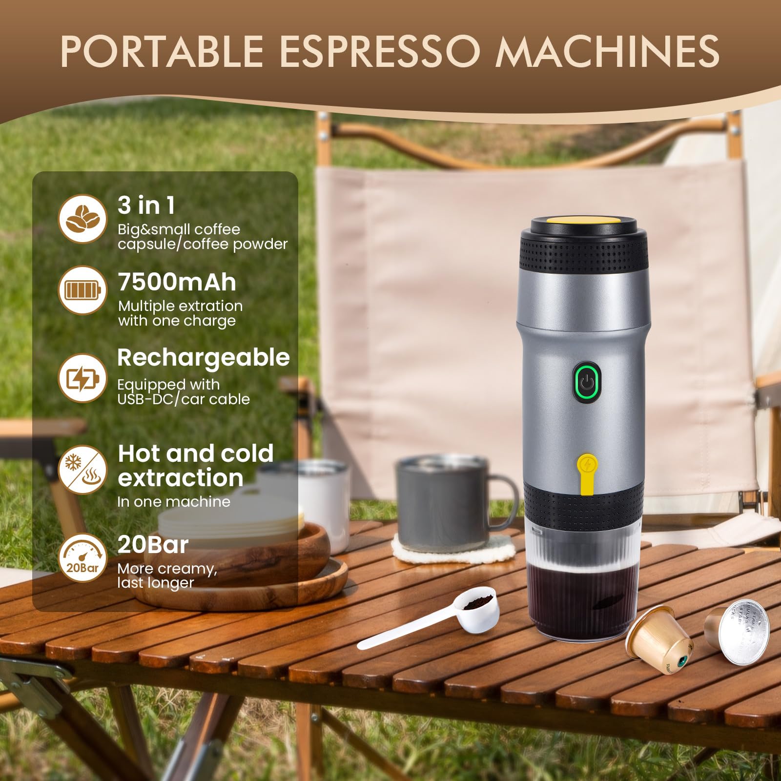 Machine Expresso Portable Machine à Café Portable 3 En 1, Machine à Café, Auto Chauffante 4 à 6 Minutes, Petite Capsule, Grande Capsule, Café Moulu, Orange - Electroménager Machine à Café Pour Voiture