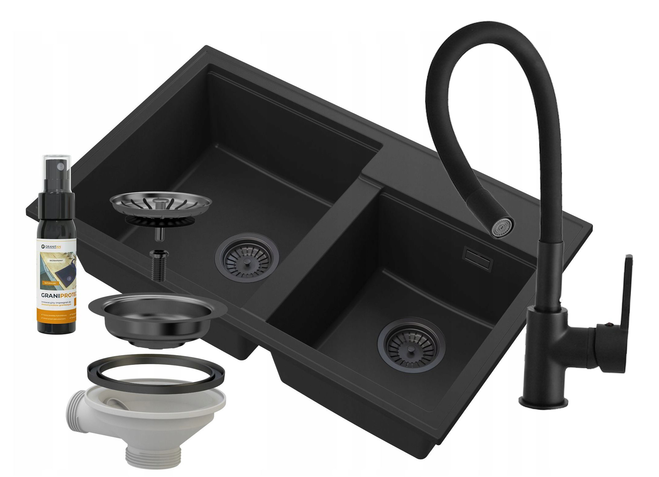 Zlewozmywak Granitowy Granitan Hektor Dwukomorowy z Syfonem 1kpl.