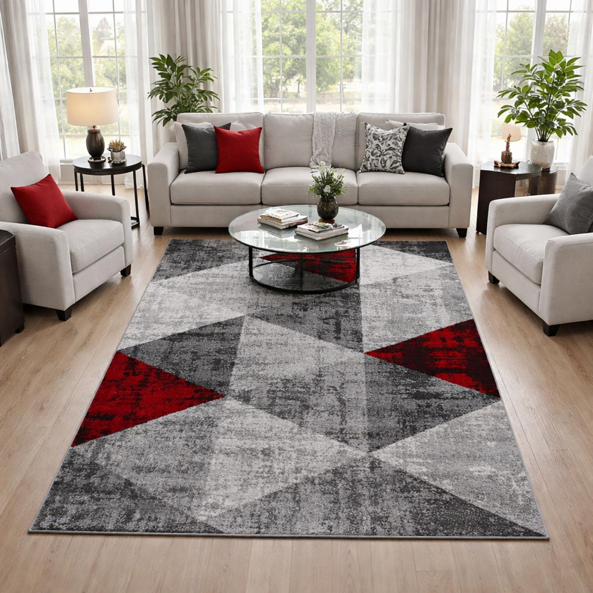 tapis salon 200x280 tissé rouge et gris rectangle motif géométrique SOLTAM - 2