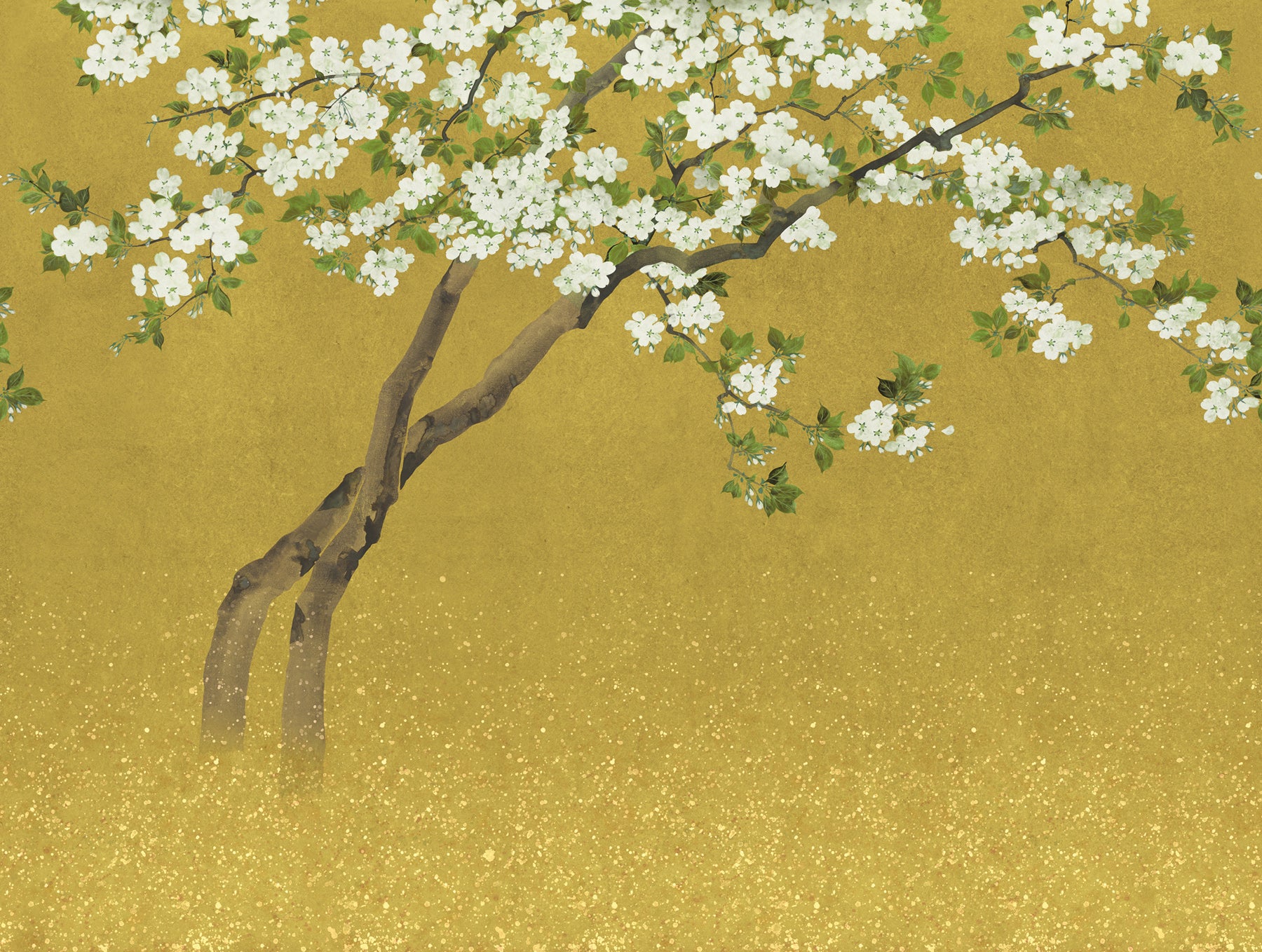 Papier peint panoramique fleurs de cerisier jaune ocre - 371 x 280 cm