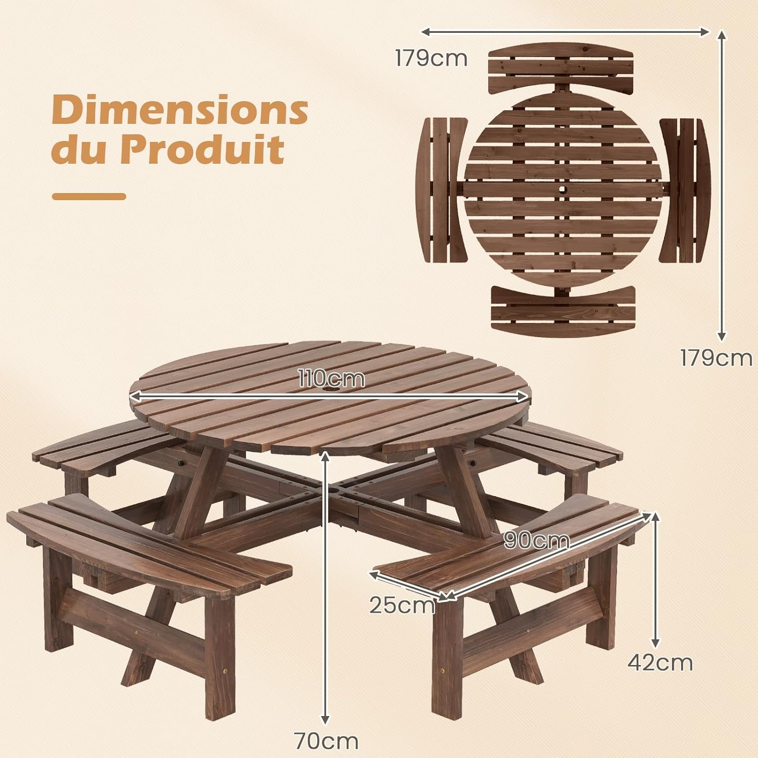 Table Pique-Nique Extérieur 8 Personnes, Table à Manger Jardin Ronde pour Patio avec 4 Bancs Intégrés, Trou Paraso 5 cm, Charge 100+250KG*4 (Marron) - 2