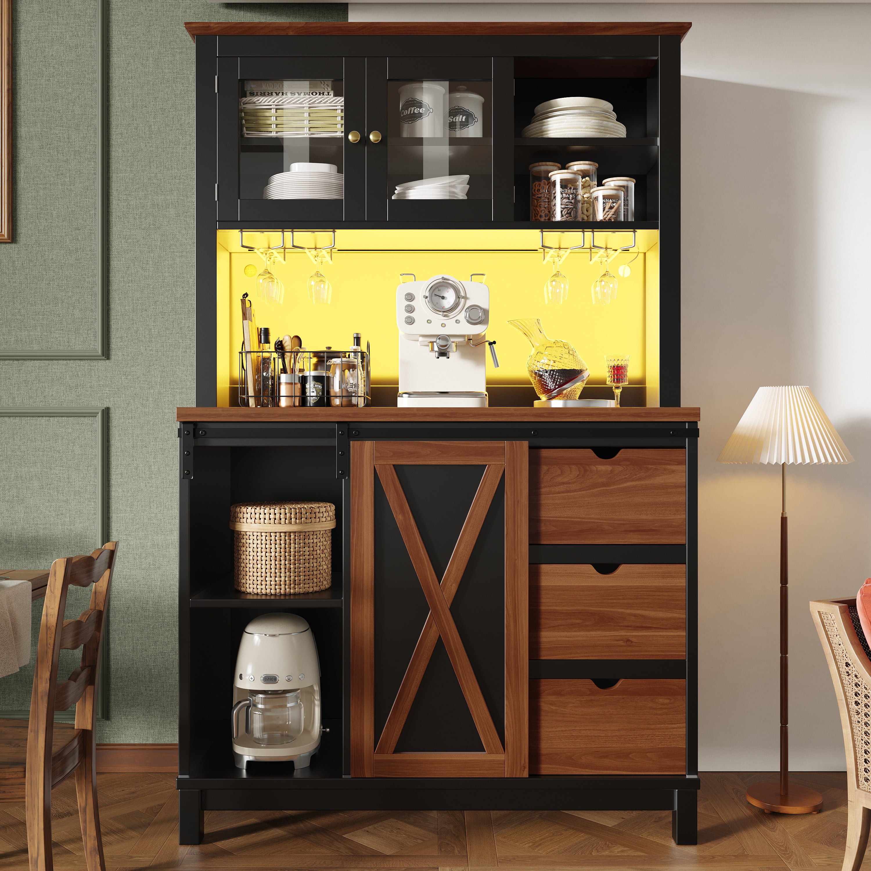 Buffet de cuisine haut avec 3 portes, 3 tiroirs et compartiments - 104 x 40 x 180 cm - MDF + verre - LEDs - Noir - 6