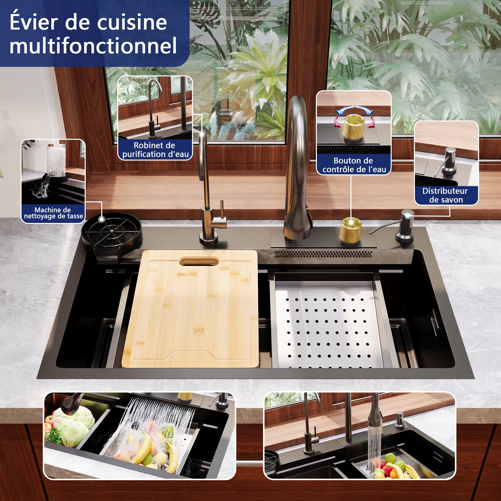 Évier de Cuisine Multifonction DeerValley Cascade en Acier Inoxydable 304 - 75 x 46 cm - Robinet Tirable 3 en 1 - 4