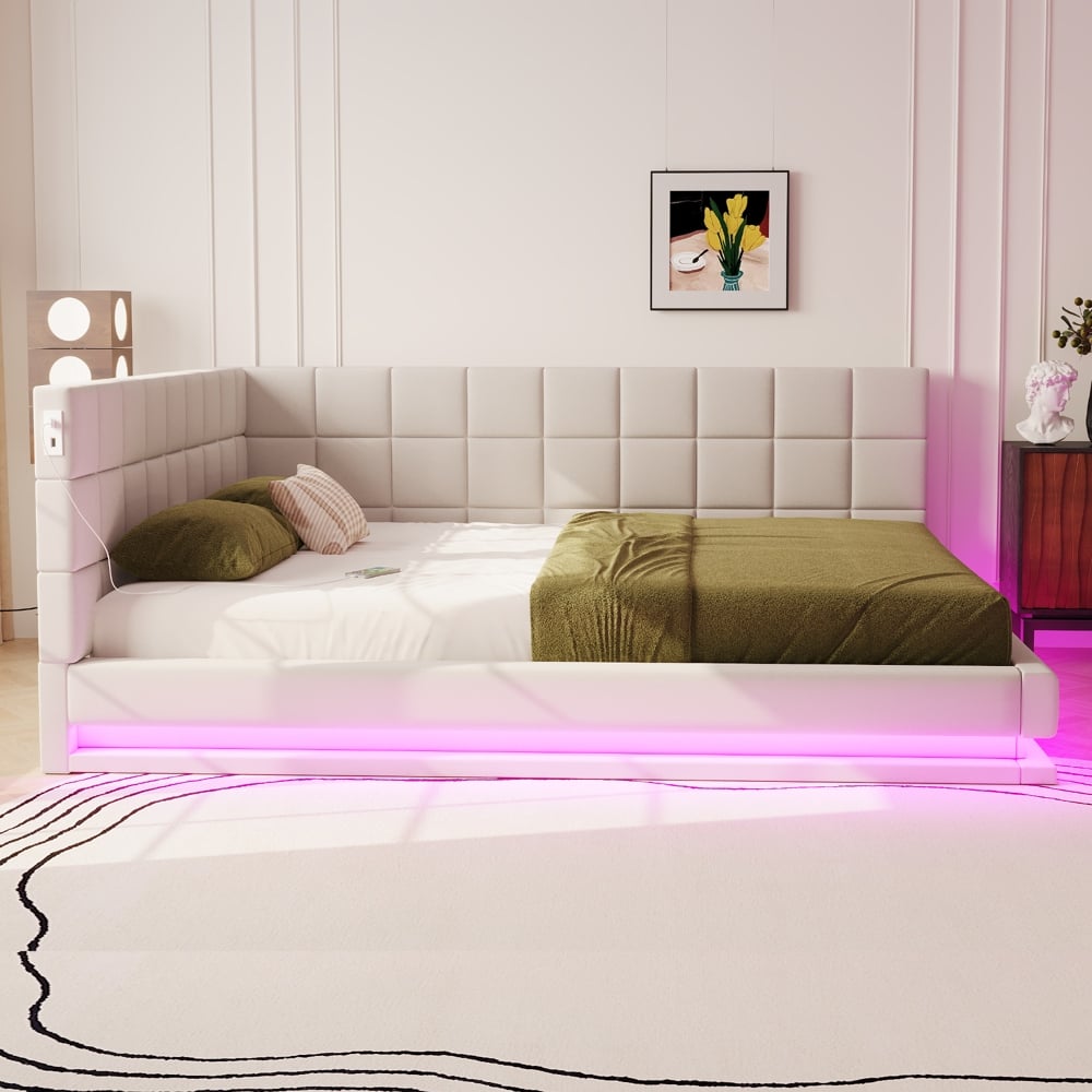 Sofa-łóżko 160 x 200 cm, z listwą LED, wtyczką USB i sprężynami, z beżowego aksamitu.