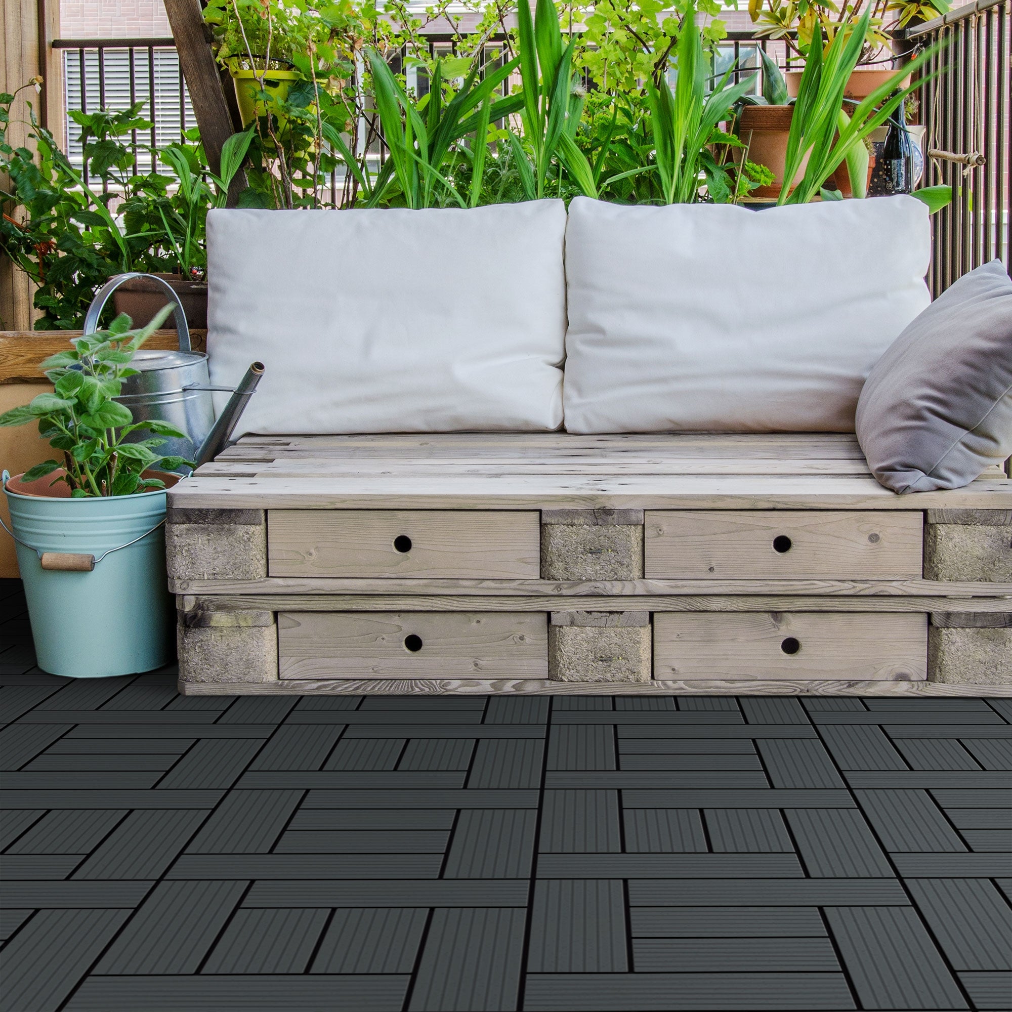 ECD Germany WPC Plytki tarasowe 30x30cm 22er Spar Set für 2m² Anthracite Mosaic Wood Look for Garden Balcony Flooring with Drainage Click System