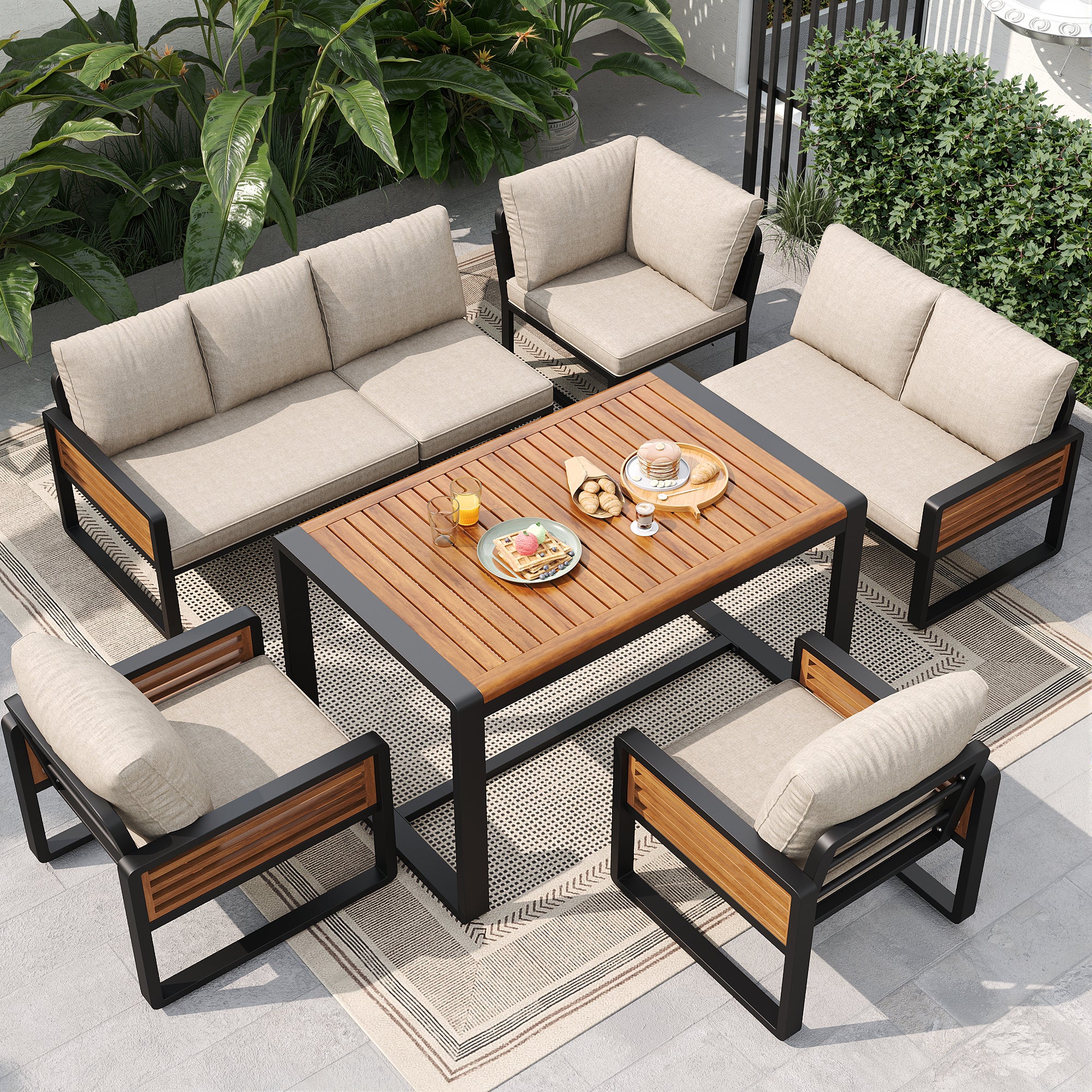 Salon de jardin modulable en fer galvanisé 7 places : 2 canapé 2 places + 3 fauteuils + 1 table 90 x 63 x 63 cm - Beige - 3