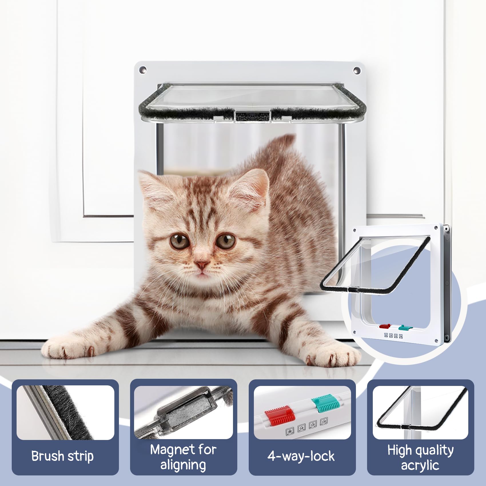 Gatera para Gato y Perro Interior, Puerta para Gatos Corredera, Puerta para Gatos Magnética de 4 Vías, Gateway para Mascotas, Blanco, 20x20x2 cm - 3