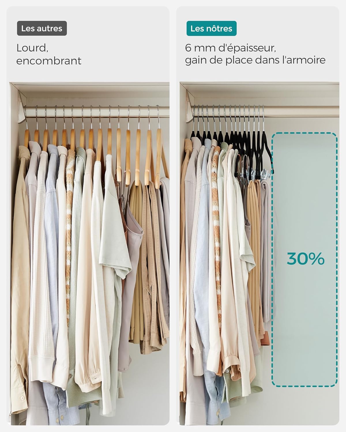 Lot de 10 cintres velours noirs 42,5 cm pour pantalons, manteaux, robes, pinces réglables, antiglisse, gain de place, organiseur pratique - 4