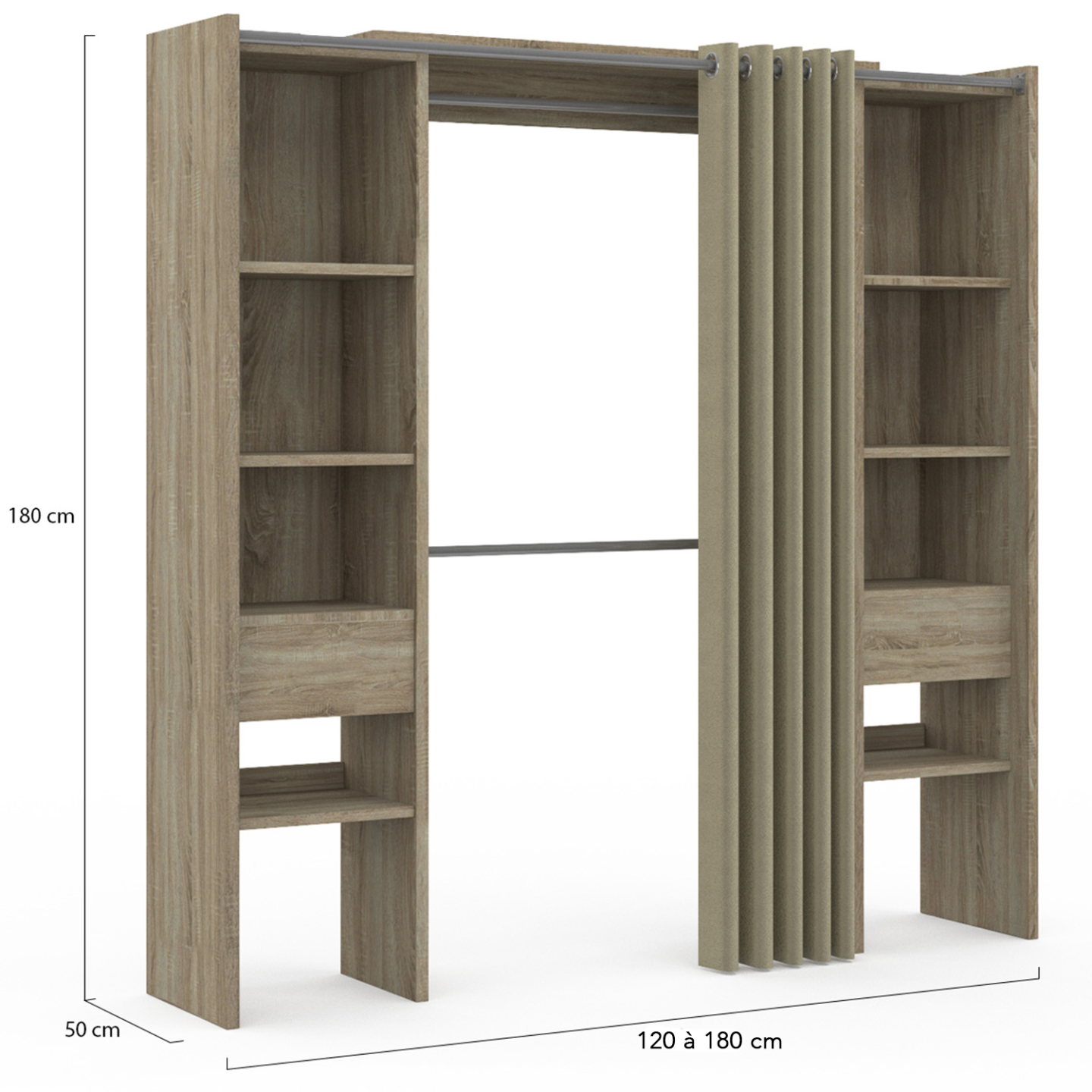 Dressing extensible double MERYL 120/180 x 50 x 180 cm hêtre avec étagères + double penderie + rideau taupe - 4