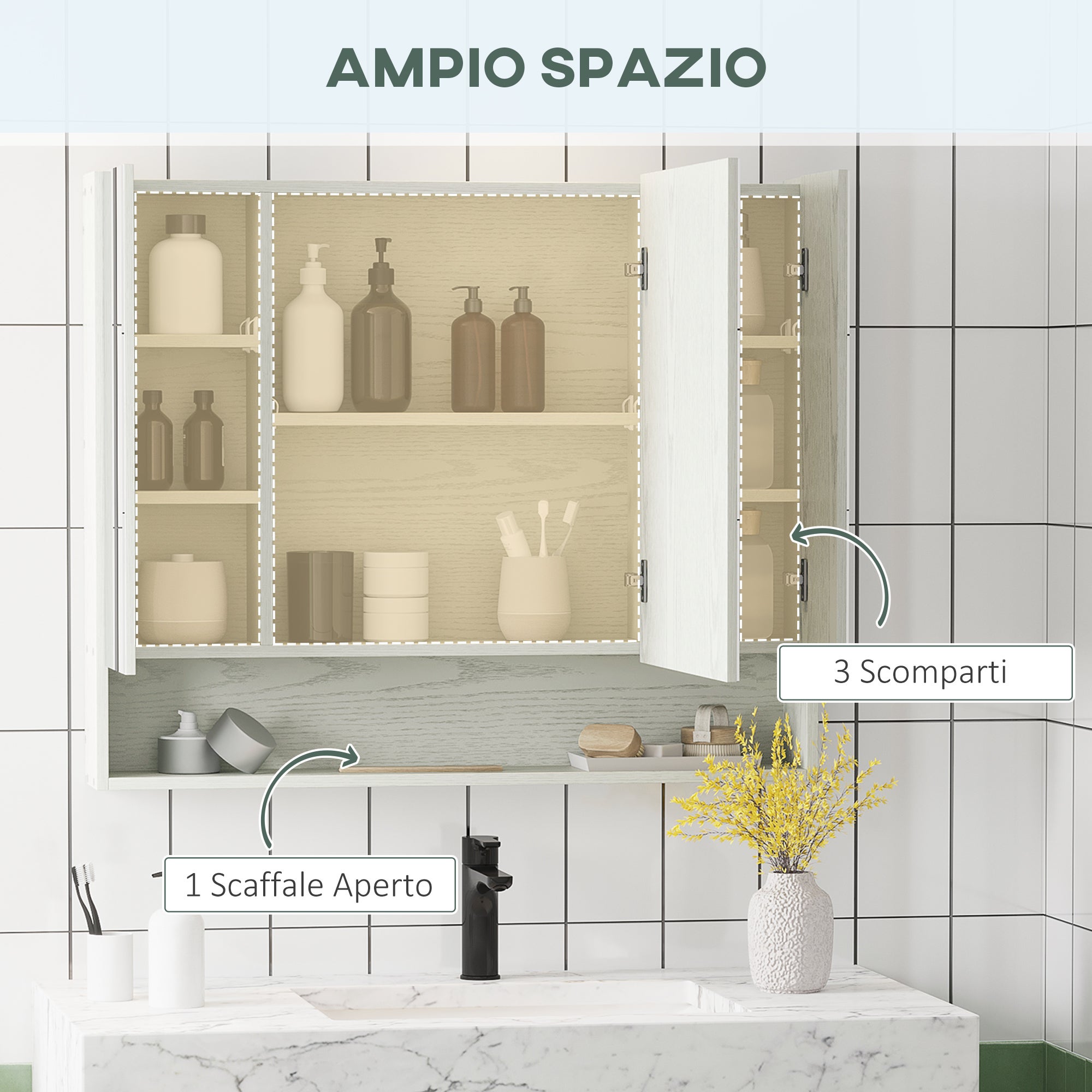 kleankin Armadietto a Specchio per Bagno con Ripiani Regolabili, 3 Porte e Credenze, in MDF e Vetro, 90x15x75 cm, Bianco - 4