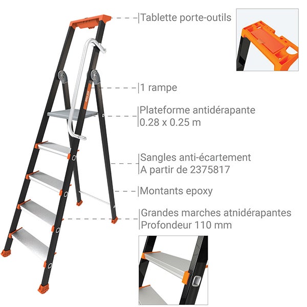 Escabeau pro 7 marches avec rampe - Hauteur max. de travail 3.59m - 2375817-MC - 3