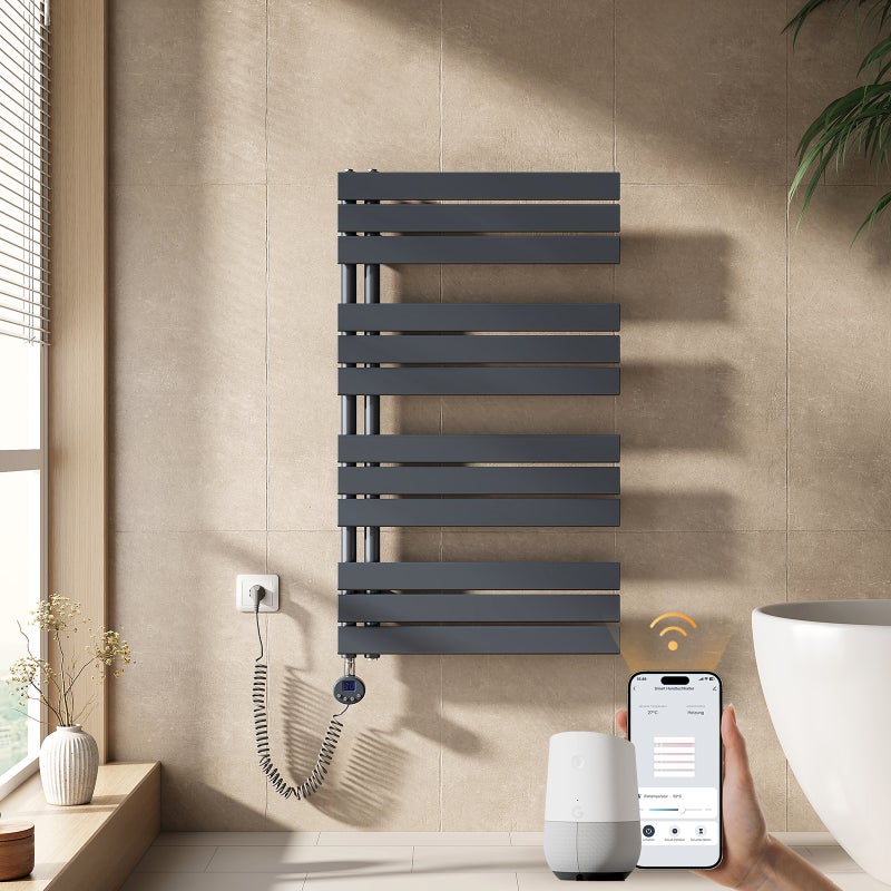 EMKE Grzejnik elektryczny łazienkowy 104x60cm - Inteligentne Sterowanie z Programatorem Tygodniowym w Aplikacji - 600W - Matowy Antracyt