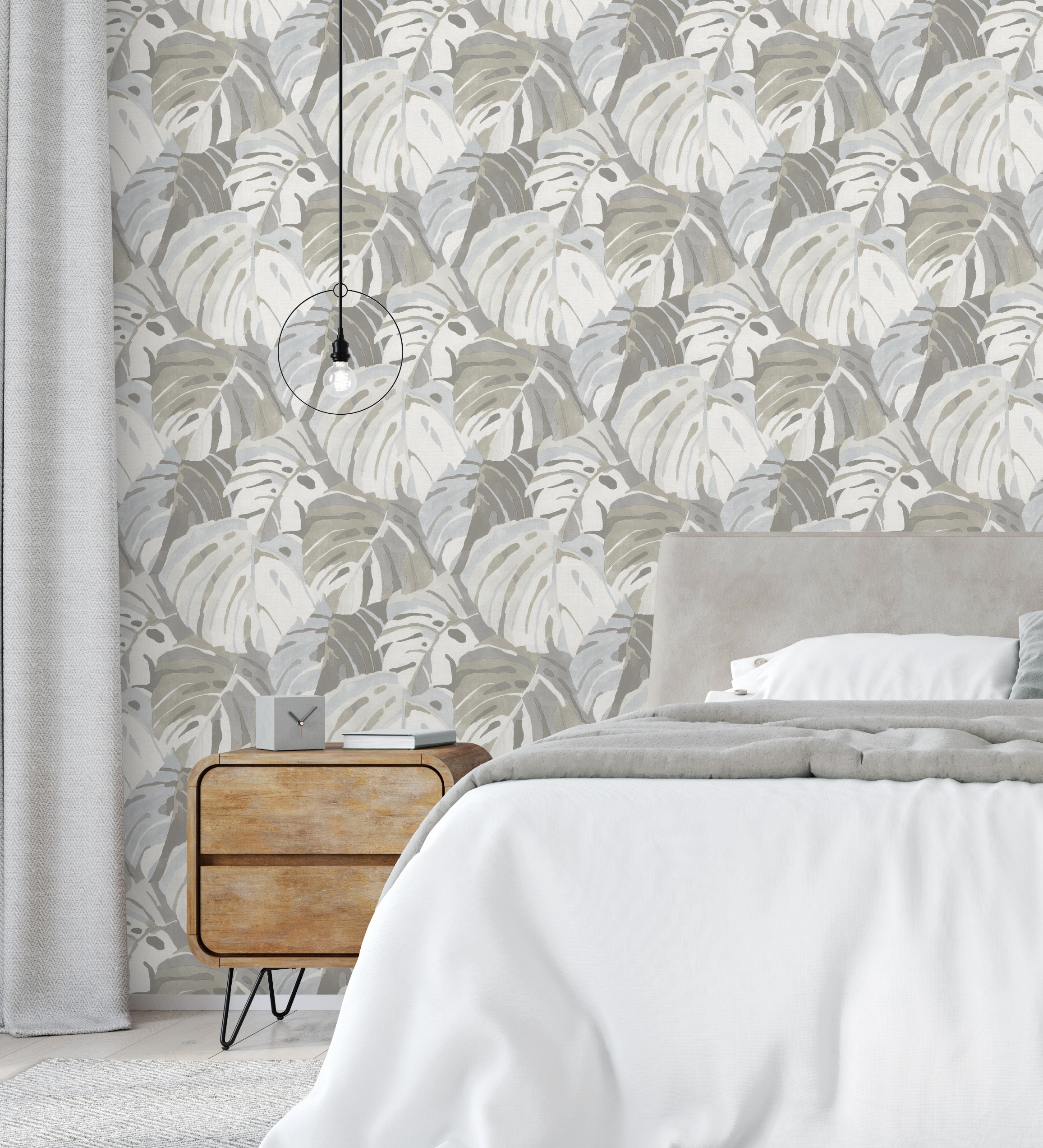 Papel pintado vinílico ecológico hojas tropicales grises - tropical island 680773 de gaulan - rollo de 10 m x 0,53 m