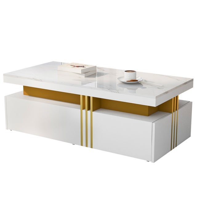 Table Basse Merax Blanc Et Bois - 105x50x40 Cm, 4 Portes, 2 Tiroirs, LED 16 Couleurs, Pieds Sphériques