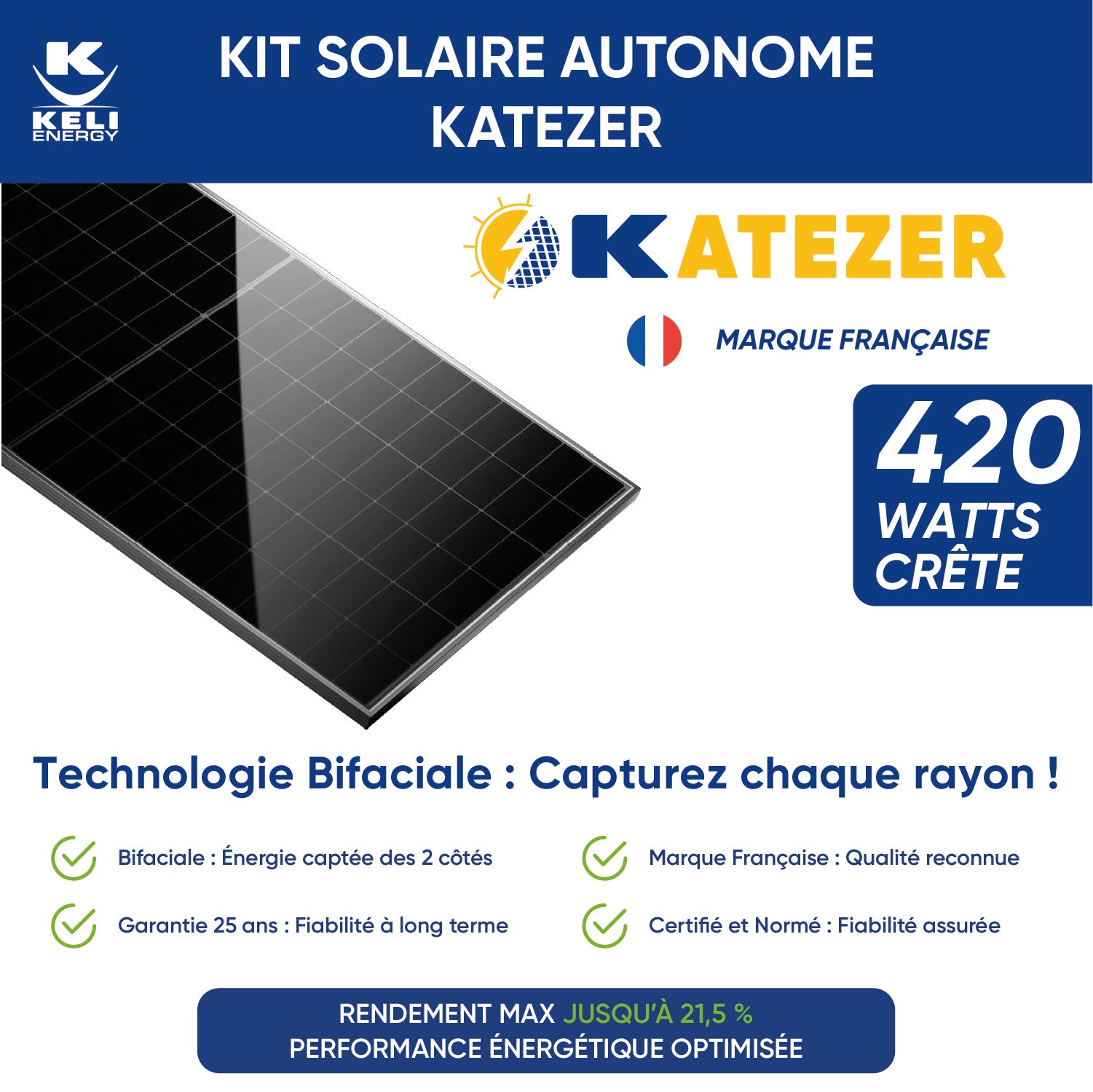 Kit Solaire KATEZER Connecté 420W - Prêt à Brancher - Panneau Bifacial Premium - Installation Facile - Suivi Direct - Pose : Sol, Mur, Balcon - 3