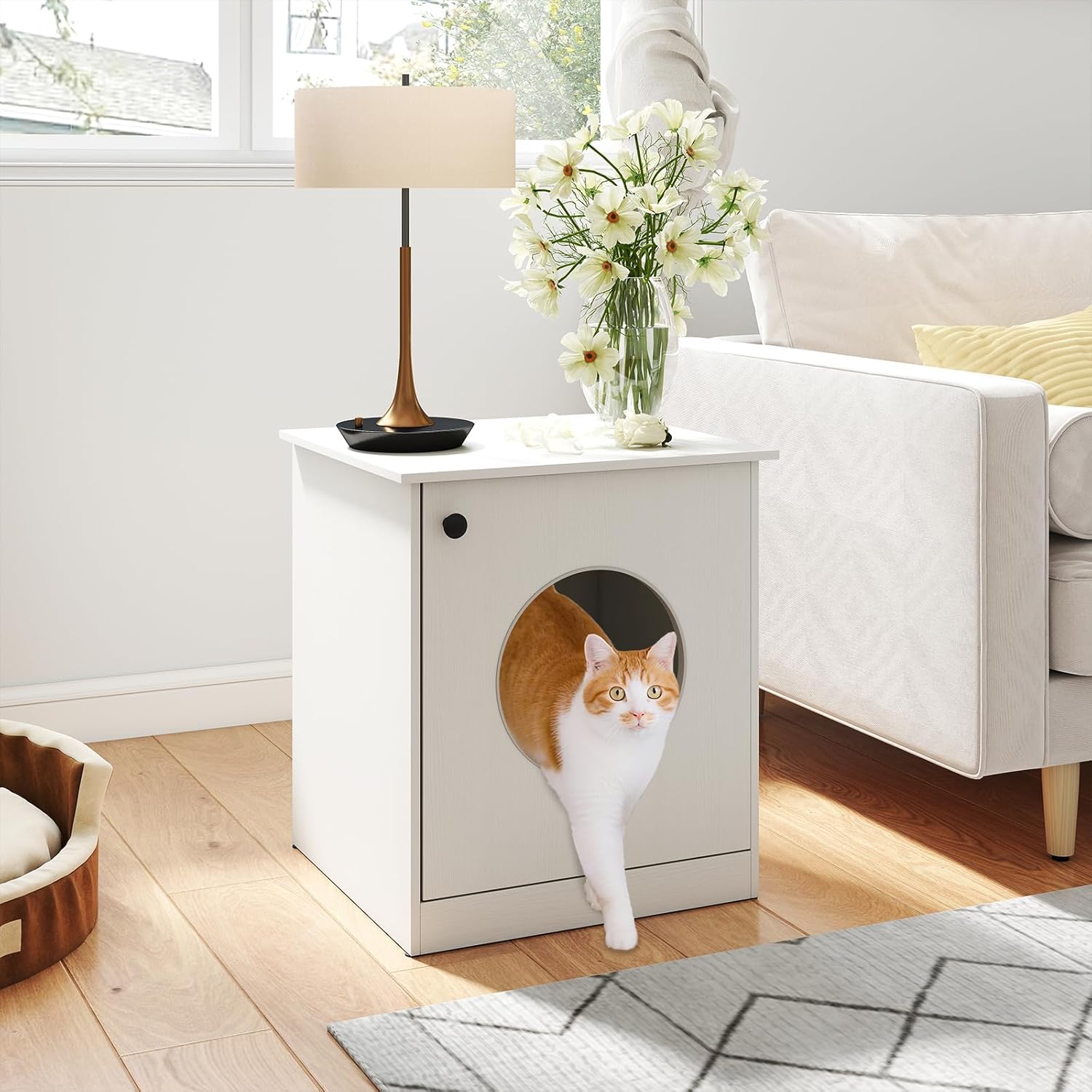 Meuble Litiere Chat en Bois, Grand Trou Ø 25 cm pour Accès, Maison pour Chat, Coussinets Antidérapants, Table d'Appoint, 51x47x57 cm, Blanc - 3