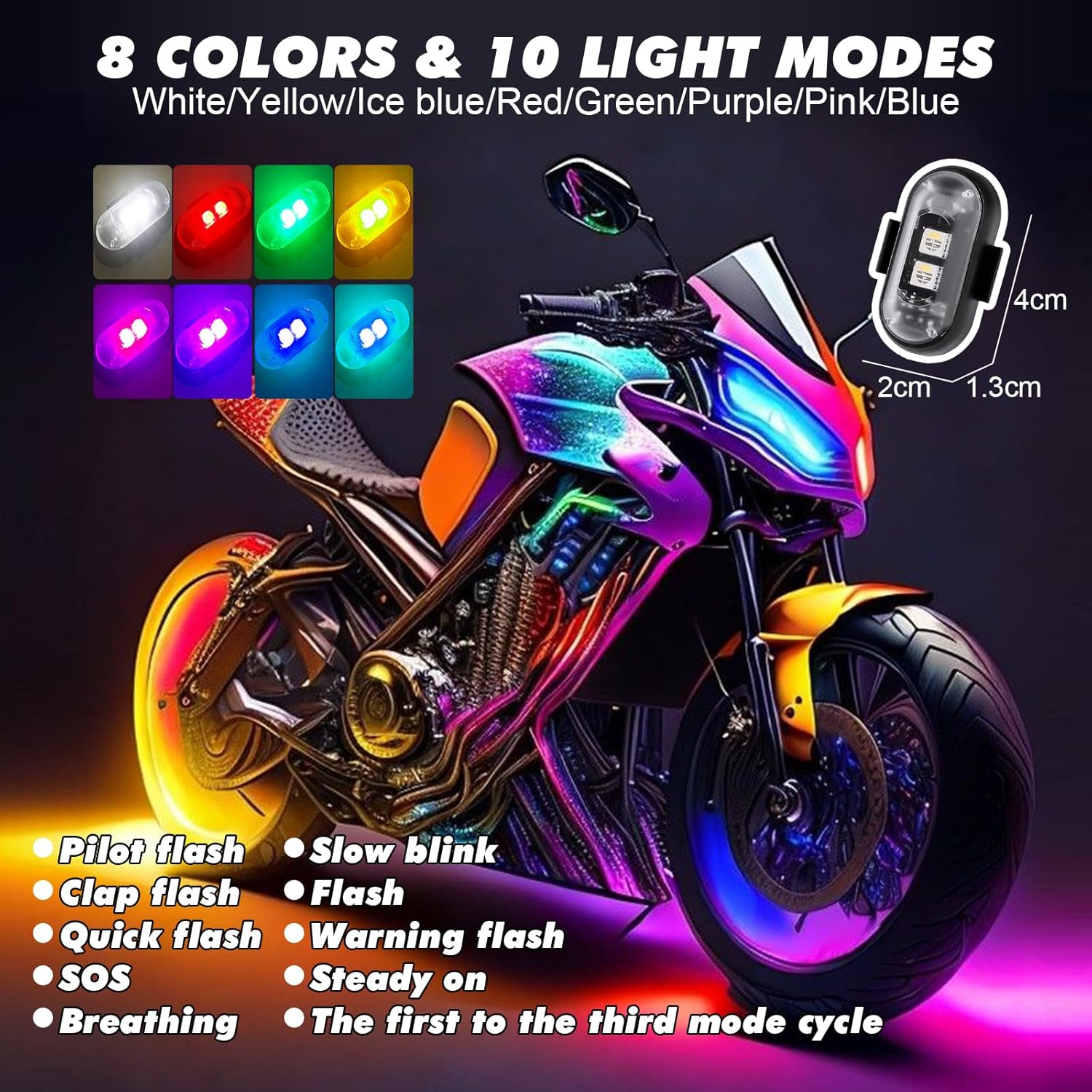Lot De 4 Lumières Stroboscopiques LED Pour Drone – 8 Couleurs, Télécommande, IP65, Recharge USB – Pour Voitures RC, Motos, Vélos
