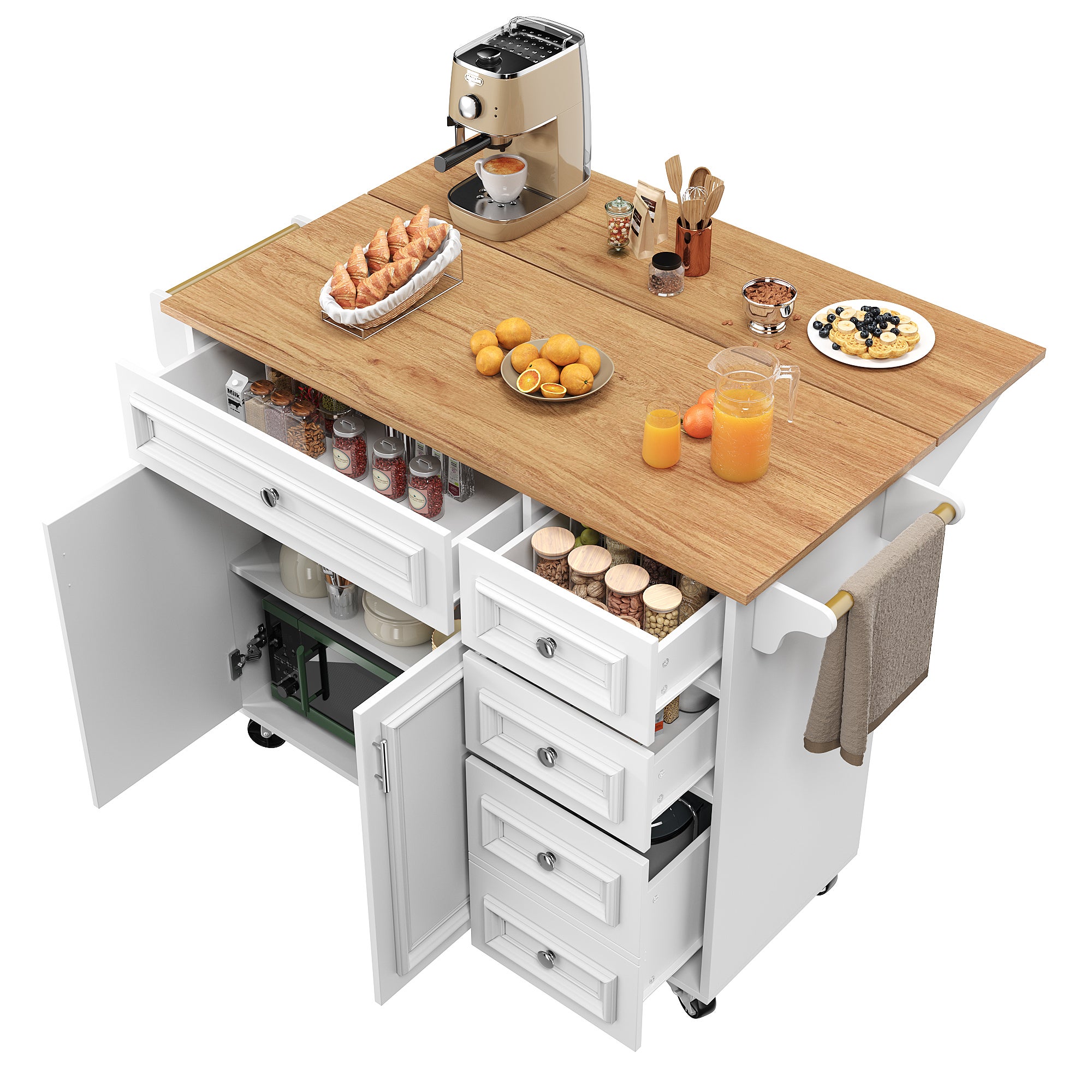 Ilot central de cuisine moderne 130x45x92cm - 5 tiroirs et 2 portes - plateau extensible - avec roulettes - Blanc - 4