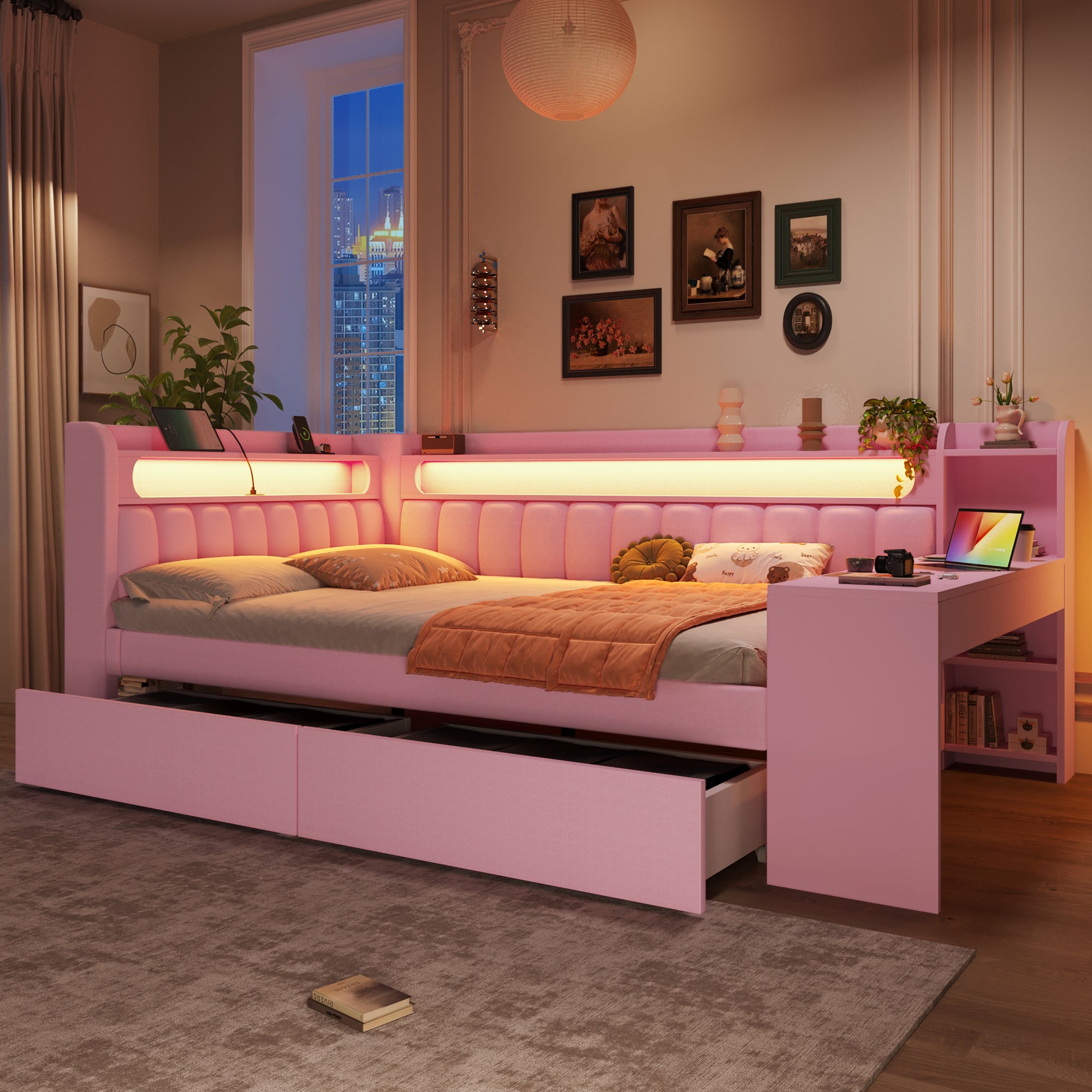 Łóżko 140 x 200 cm z 2 szufladami i biurkiem - MDF + sklejka + pościel - porty USB i diody LED - różowe (materac nie jest wliczony w cenę)