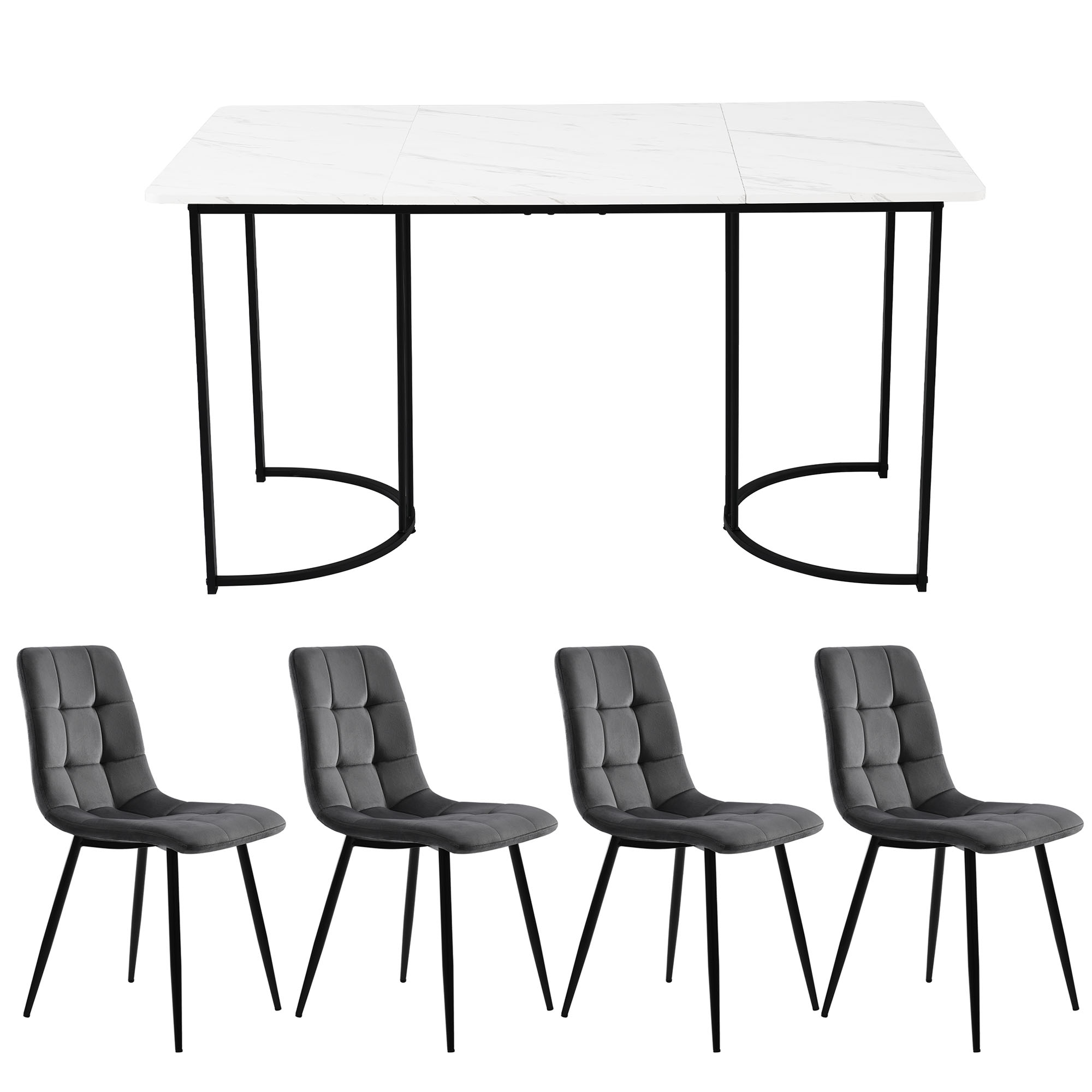 Ensemble table à manger + 4 chaises en velours -140 x 80 x 75 cm - MDF et pièds en métal - Effet marbre - Gris + blanc - 5
