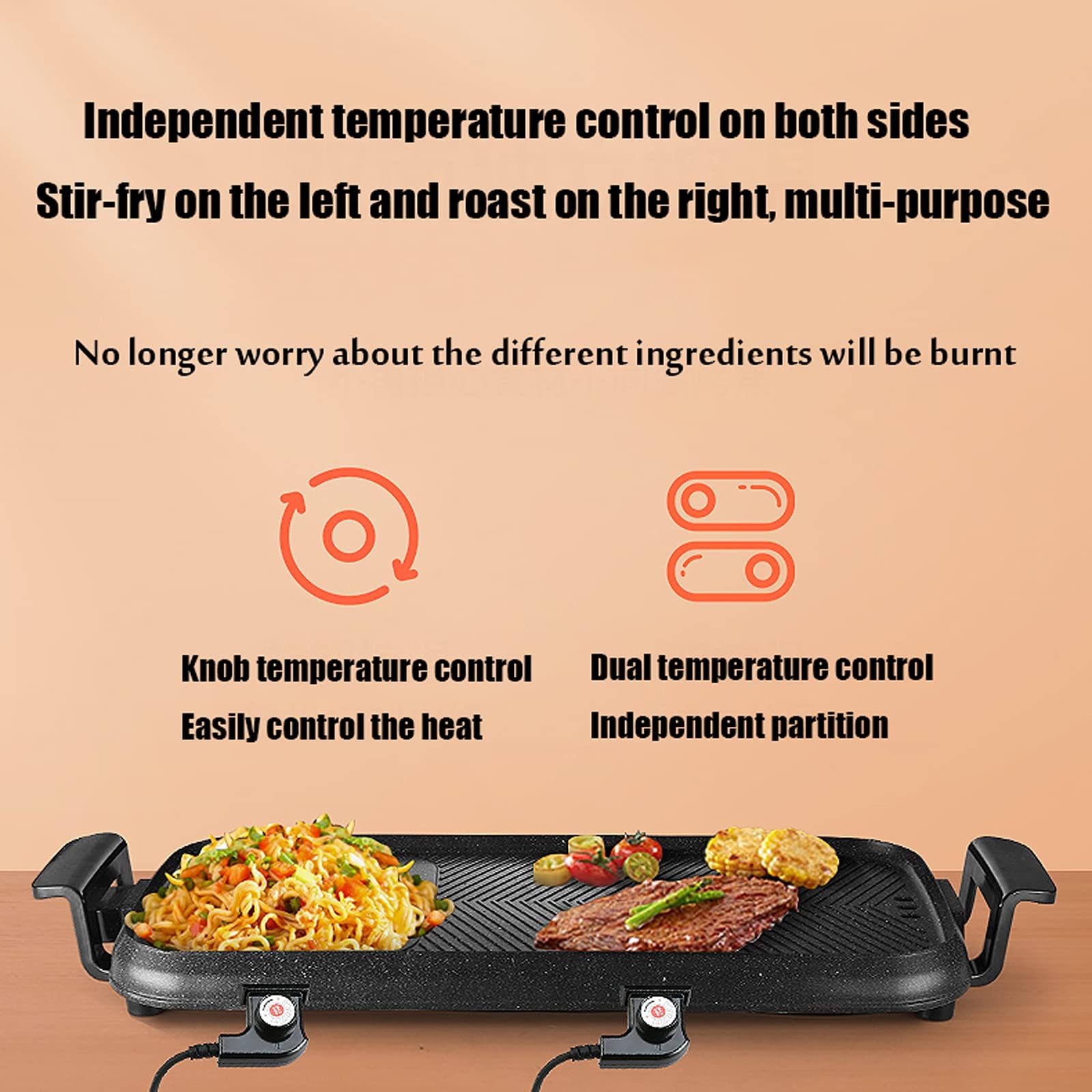 Grill domowy,elektryczny grill 2 w 1,podwójna kontrola temperatury,patelnia o dużej pojemności z powłoką zapobiegającą przywieraniu,spotkania rodzinne - 5