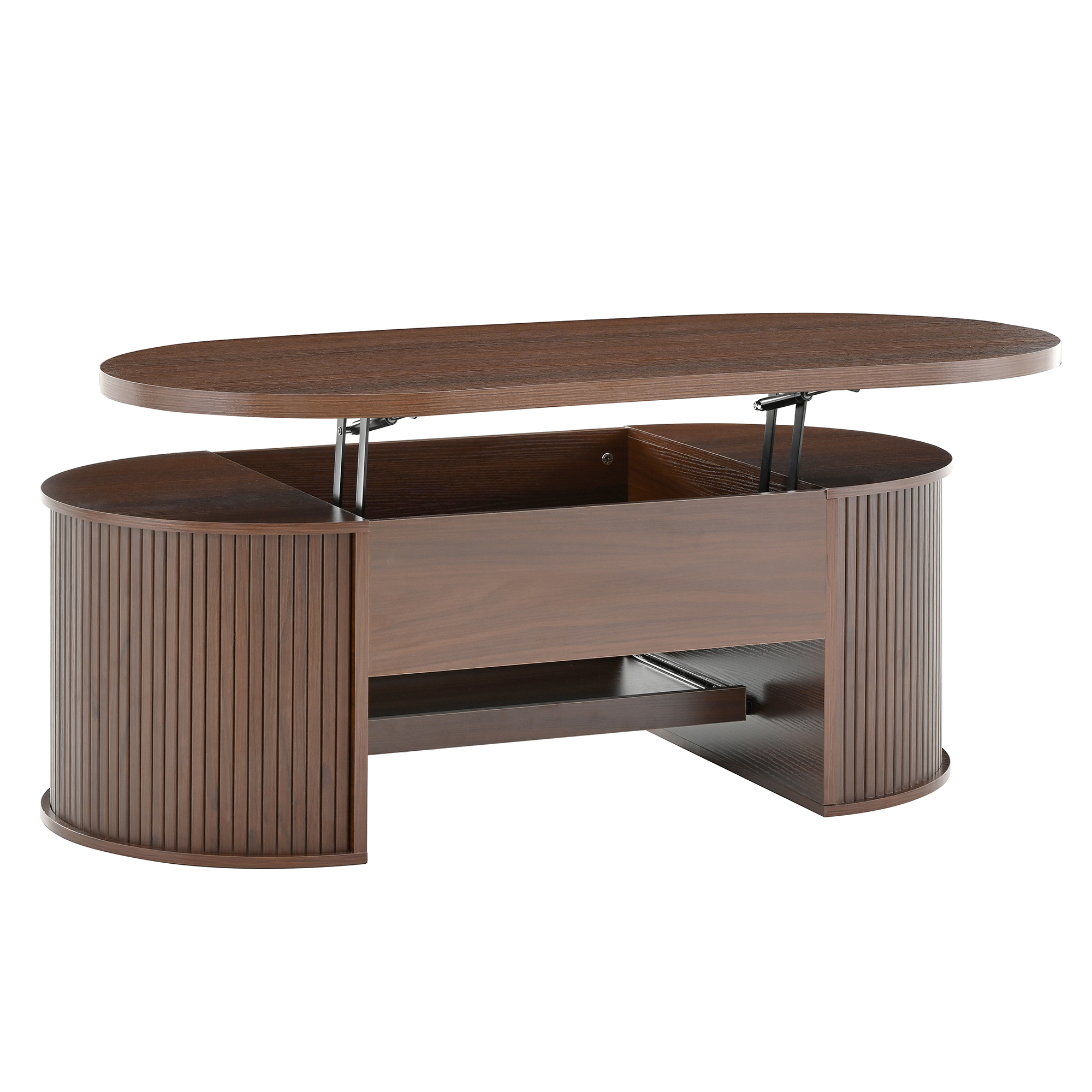 Table basse relevable multifonction 110x55x40 cm, Plateau réglable et étagère coulissante, Bords bois incurvés, Style vintage et gain de place, Noyer - 9