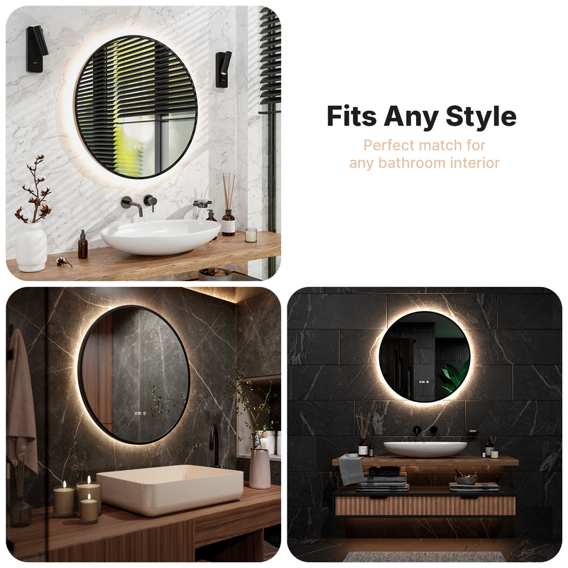 Mirlux Miroir de salle de bain avec éclairage LED et fonction chauffante - Miroir mural rond - Anti-condensation - Noir mat - 80 cm - 9