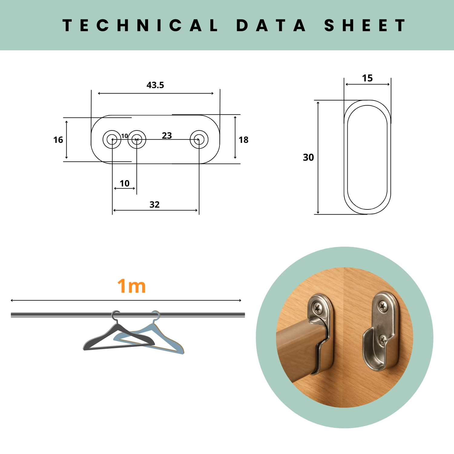 Tube Porte-Vêtements Chromé Ovale 15x30 mm Longueur 1 Mètre Pour Armoire avec 2 Supports Latéraux - 2