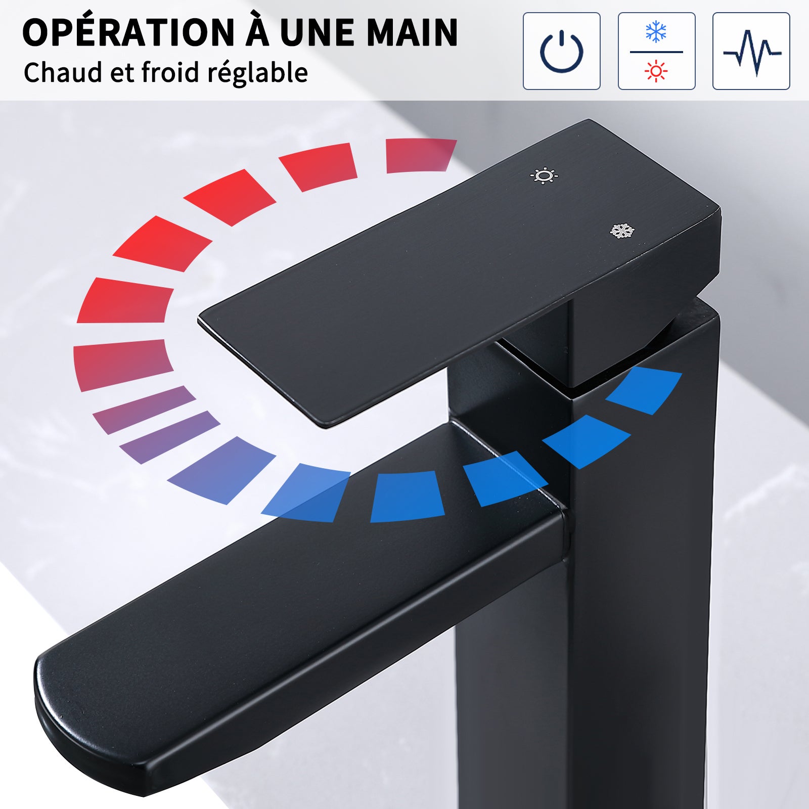 Mitigeur Salle de Bain Noir avec Bec Haut Robinet de Lavabo Pour Vasque à Poser Robinetterie Lavabo avec Poignée Carré en Inox - 2