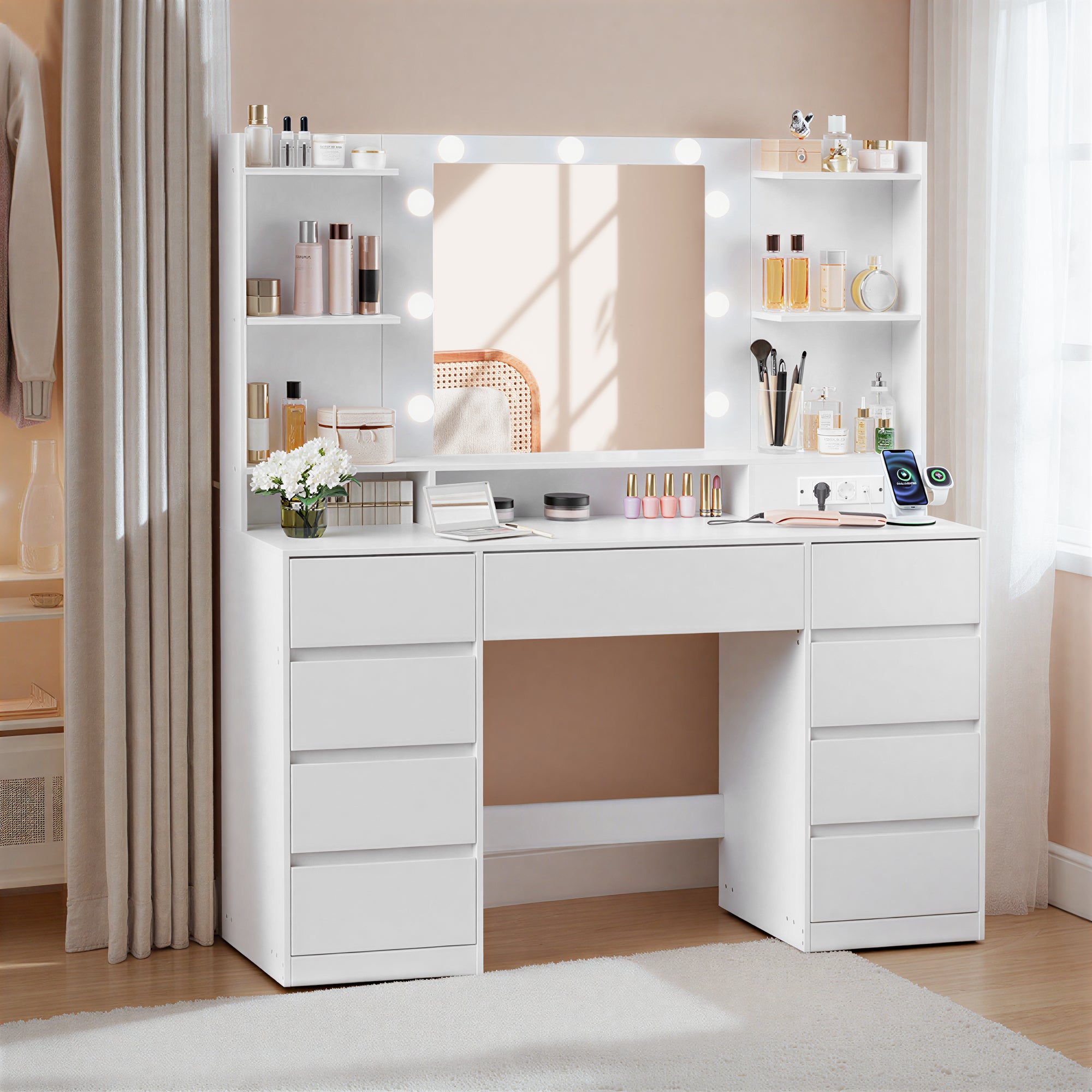 VASAGLE Coiffeuse avec Miroir LED, Multiprise, 9 Tiroirs, 9 Ampoules, Éclairage 3 Couleurs, Blanc - 7