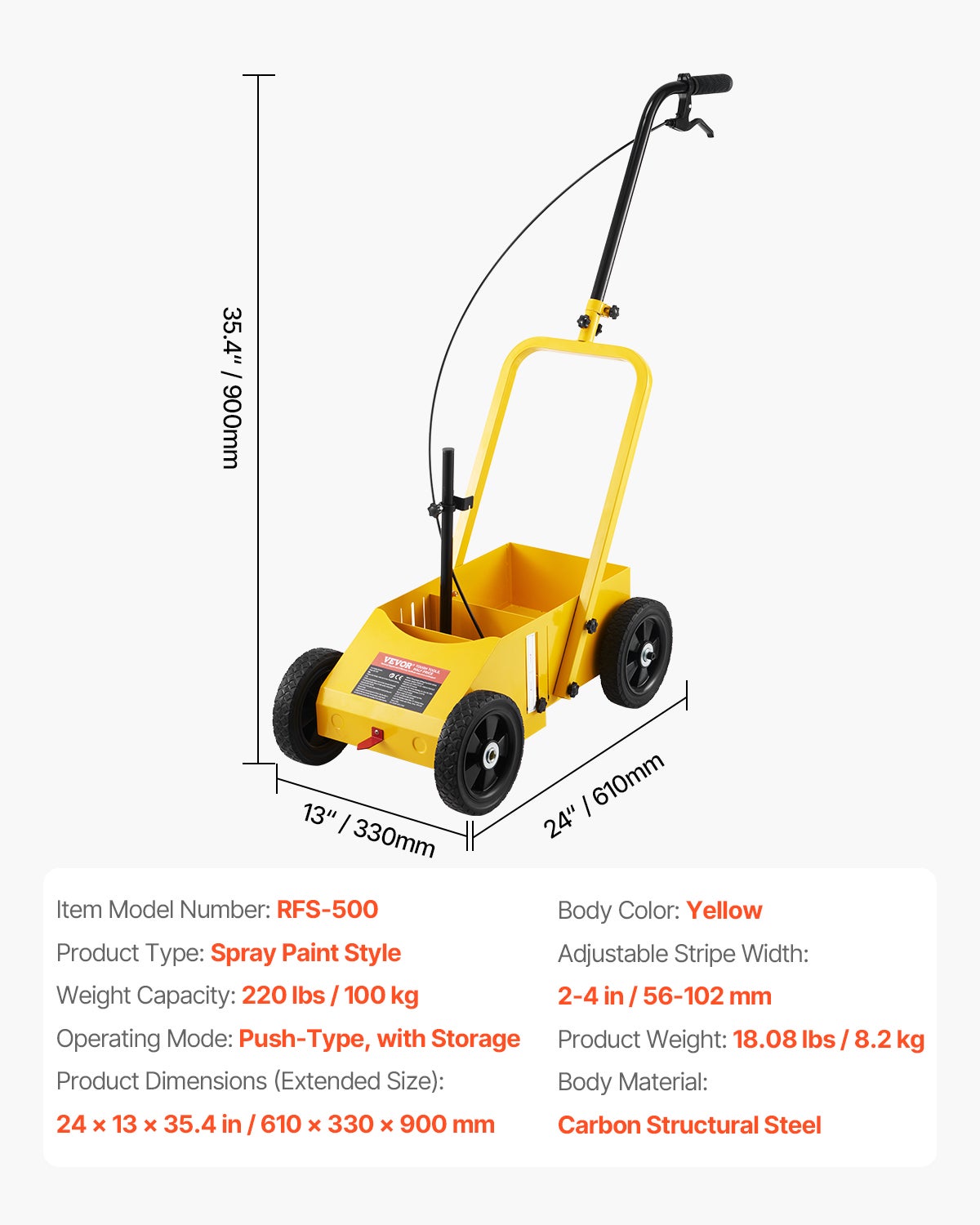 Traceuse de lignes VEVOR, métal, 61×33×90 cm, 4 roues, largeur 5,6–10,2 cm, jaune, pour routes/parkings/terrains de sport - 7