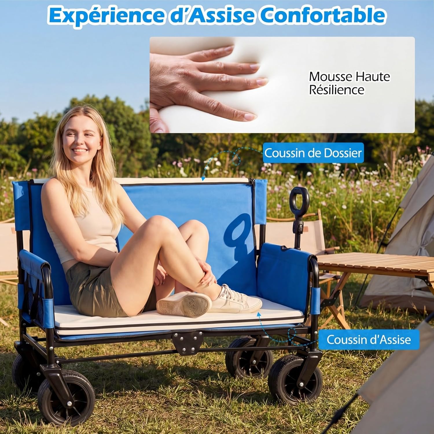 GIANTEX Chariot de Plage Pliable Banc 2-en-1, Chariot de Transport 85 L,Poignée Ajustable Poussée/tirée Coussins Doux et Roues Tout-Terrain,Bleu - 3