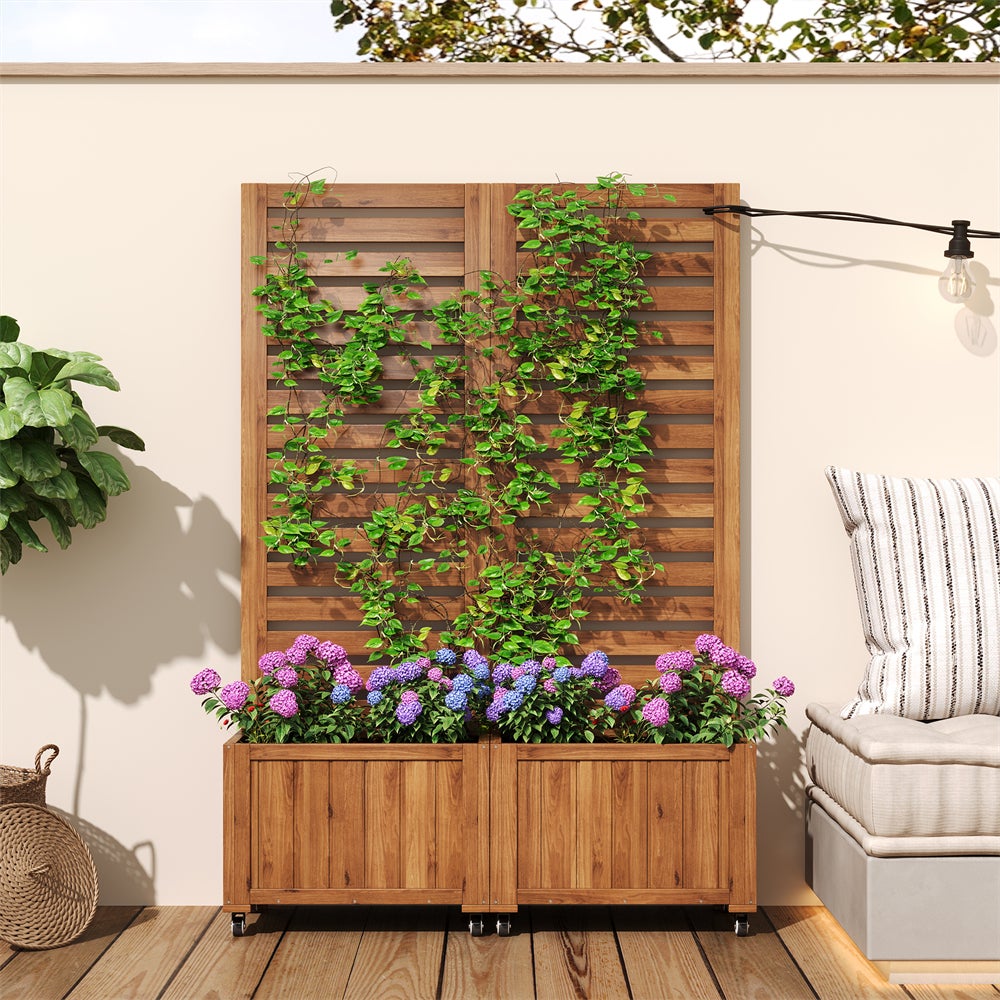 Jardinera de madera maciza con soporte para trepadoras y macetas dobles ...