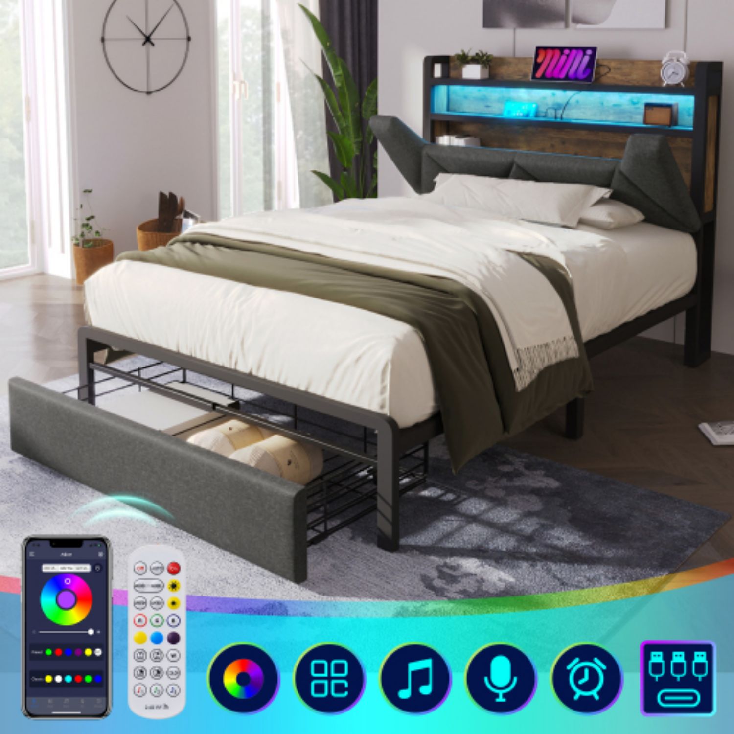 Z funkcją ładowania USB typu C i oświetleniem LED, rama łóżka do przechowywania 90 x 200, szara.