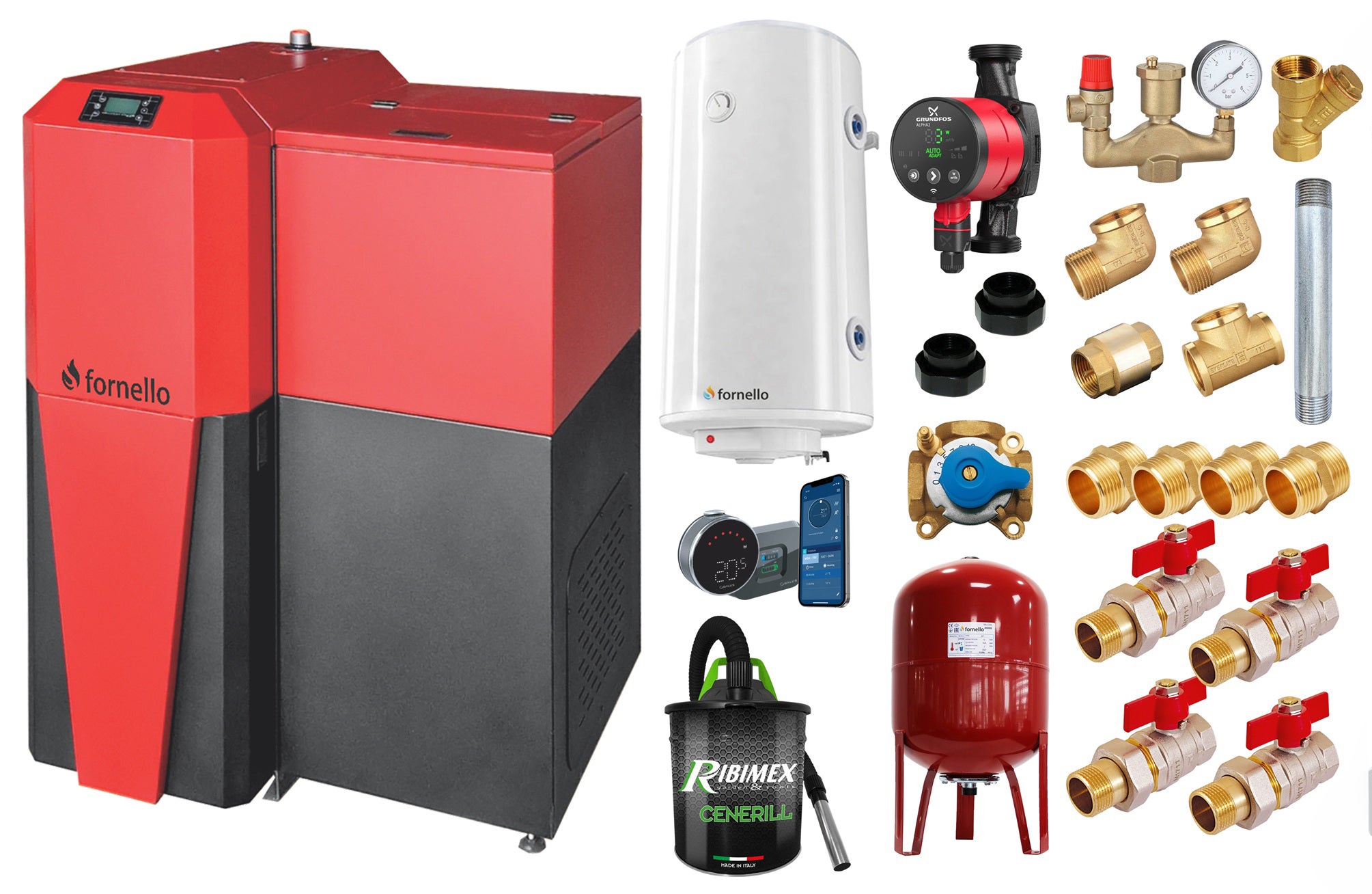 Pachet centrală mixtă Fornello Tera 28 kW, lemn/peleți, buncăr 95 kg, boiler și accesorii, pentru 180 mp